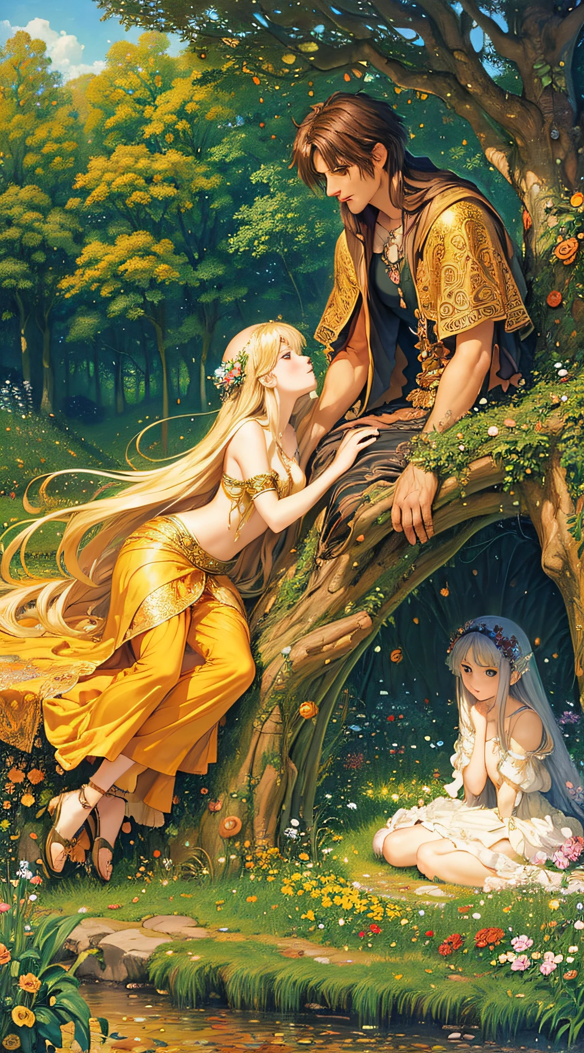 Masterpiece. Top quality. Autumn fantasy landscape. Autumn in fairyland, beautiful landscape, autumn colors, a beautiful fairy couple in love (man and woman) gorgeous clothes, elaborate picture with small details, plant motifs. Luis Royo, Gustav Klimt, Andreas Höher