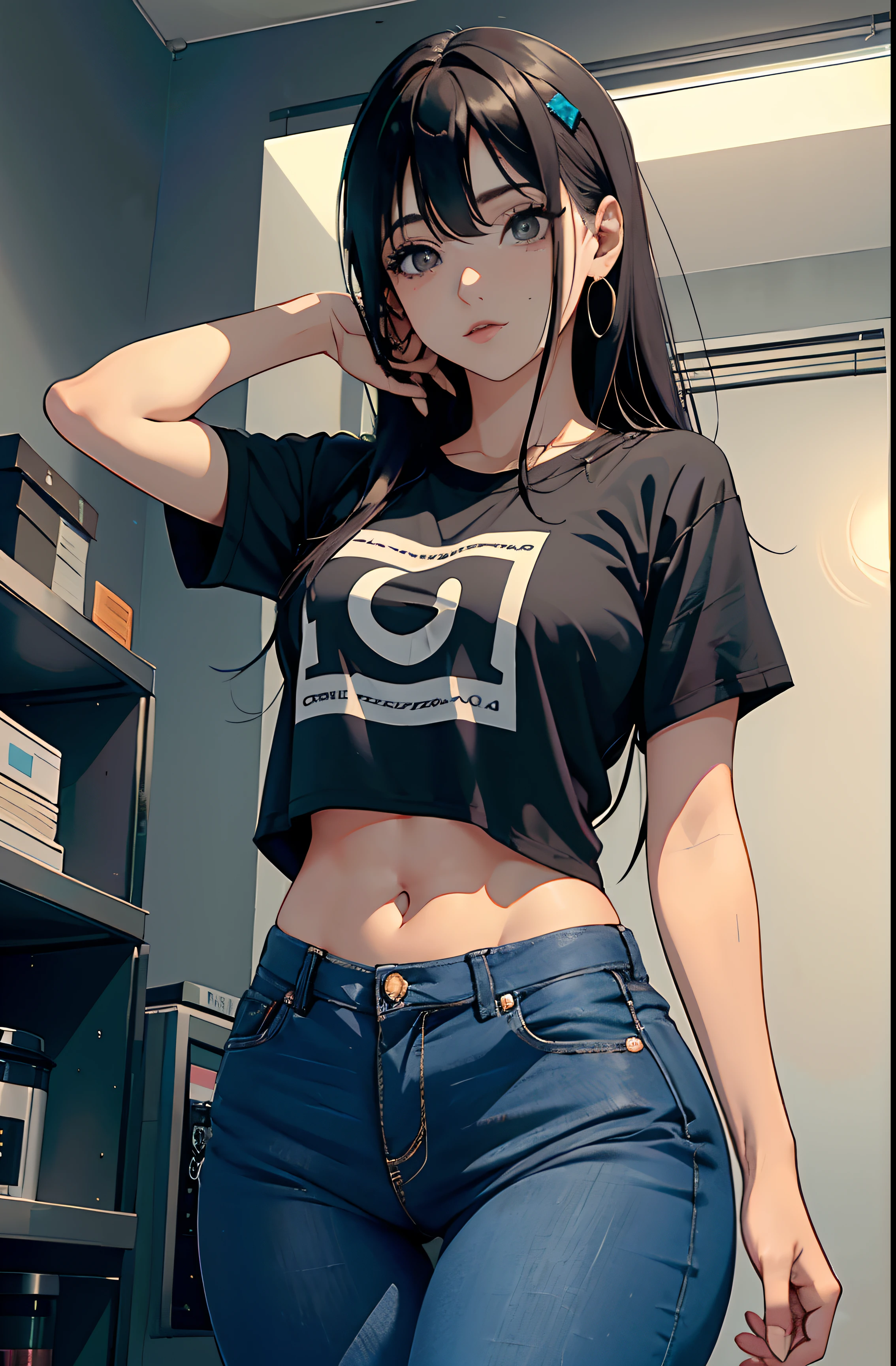(Hinata Hyuga, muito sensual, com roupas apertadas, bunda grande, pernas grossas, Wearing extremely tight jeans, usando uma mini blusa, umbigo com pirsing, cabelo grande, Speaker behind, muito realista, extremamente sexy, 8k, 8k extremamente detalhado), (um extremamente delicado e bonito), (obra-prima), (melhor qualidade: 1.0), (ultra highres:1.0)