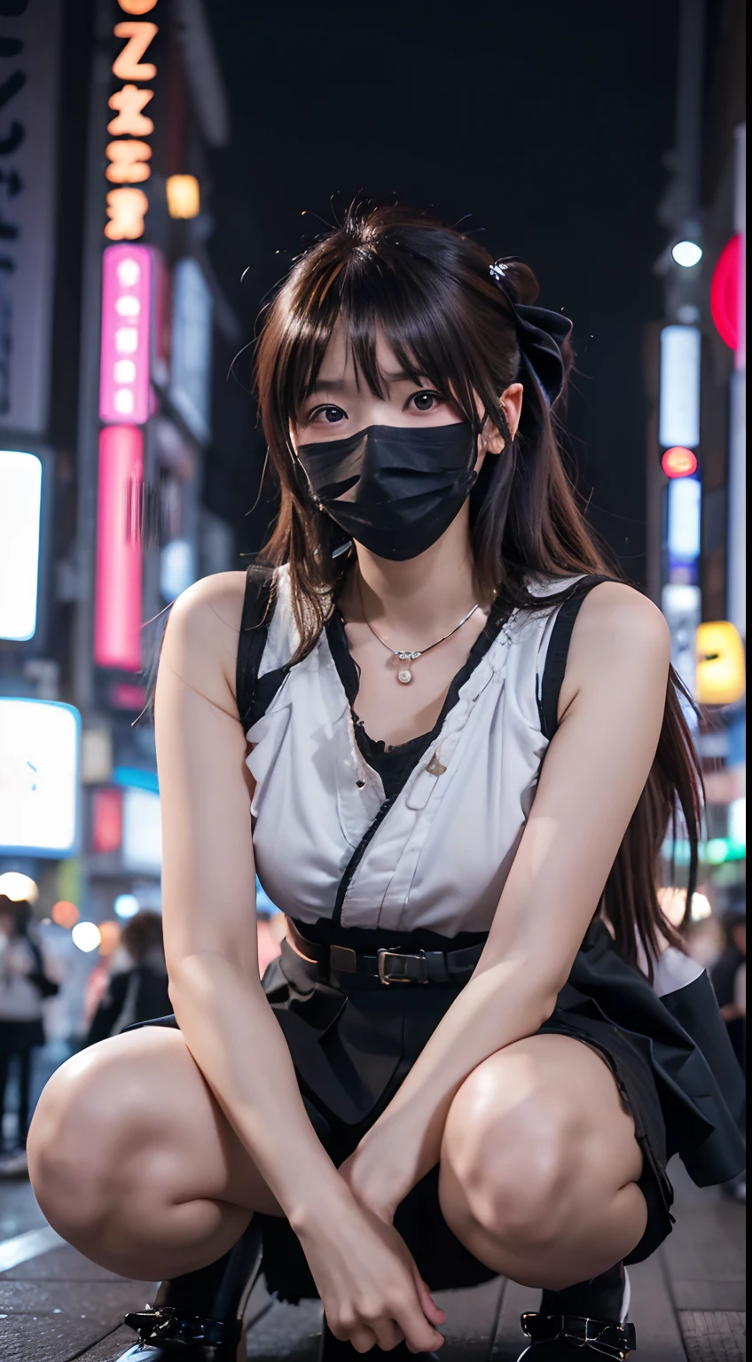 (A hyper-realistic, hight resolution), (1young girls), (extremely detailed beautiful face), Amazing face and eyes, (Best Quality:1.4), (Ultra-detailed), (extremely detailed CG unified 8k wallpaper), Highly detailed, High-definition raw color photos, Professional Photography, Realistic portrait, Amazing face and eyes, Pink eyes, (Fashion in Tokyo Kabukicho:1.3), (Fashion in Tokyo Kabukicho:1.2), Mini skirt, Brown hair,  depth of fields, Midnight Kabukicho (Squatting:1.1), (:1.4), (((Bokeh))), depth of fields, (View from below:1.15),Wearing a black mask