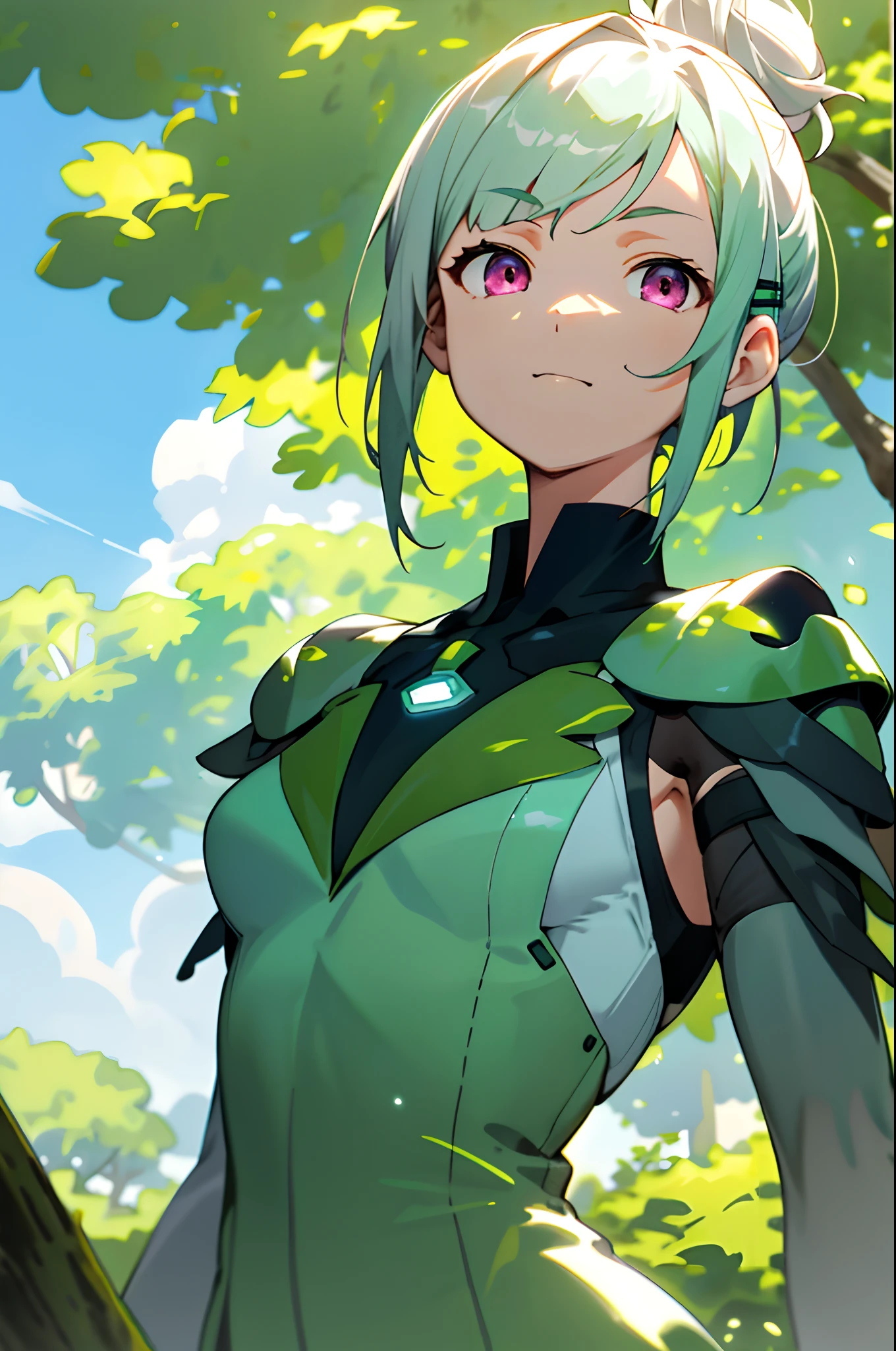 with blue sky and white clouds,Sun shining through the clouds,Irradiate the ground, front look, looking at viewert, A half body, verdant,Flooring Buildings,The background is a large area of green leaves,Gazebo,The tree々,green leafs, girl、Short hairstyle with silver hair and bob, Hair tied in a bun with a hair clip, Pink eyes, small tits,frontage,Dynamic Pose,Head slightly lowered,upper body closeup,low-saturation,Bare arms,green colored theme,Surround green leaves