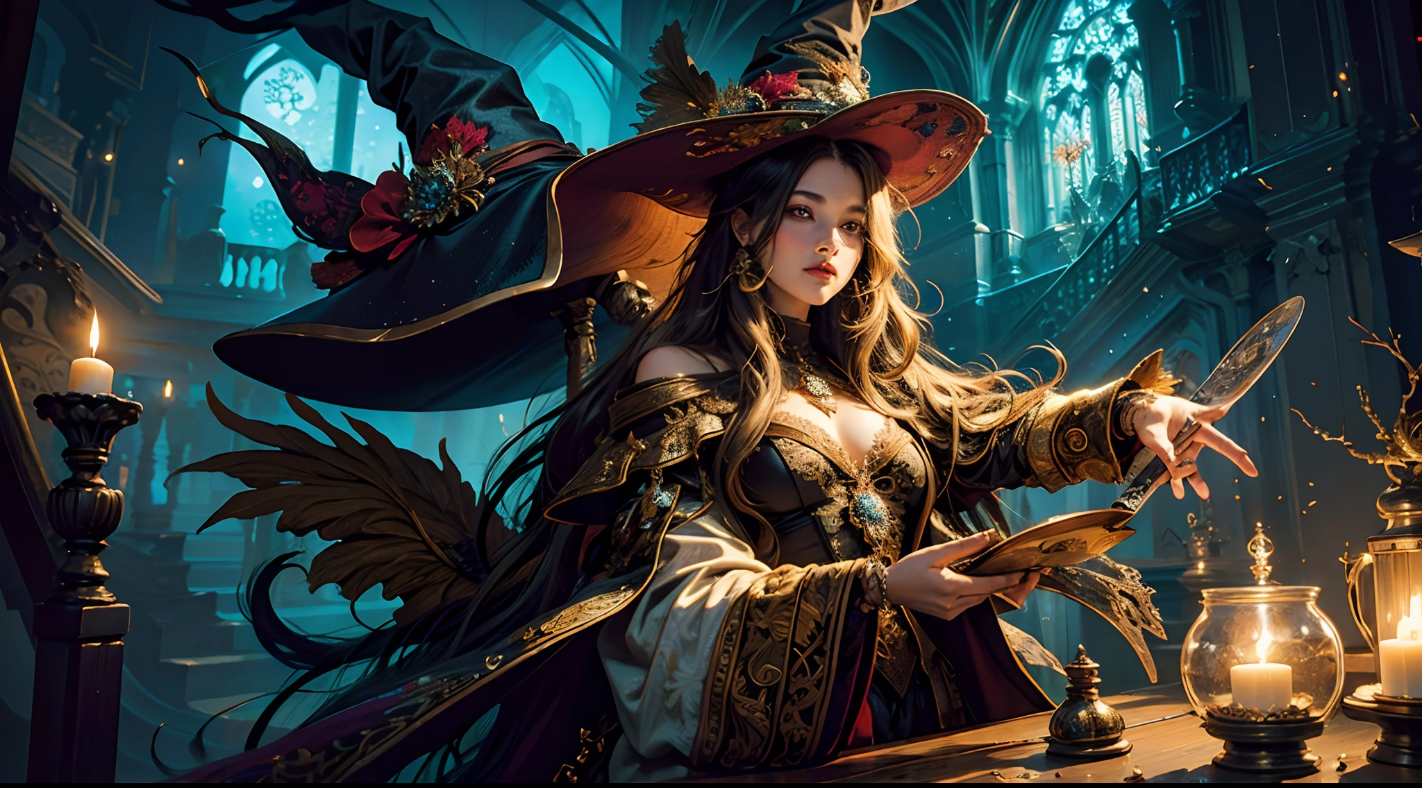 (masterpiece, top quality, best quality, official art, beautiful and aesthetic:1.2), (1girl), extreme detailed,(fractal art:1.3), ((1girl)), highest detailed, woman, witch