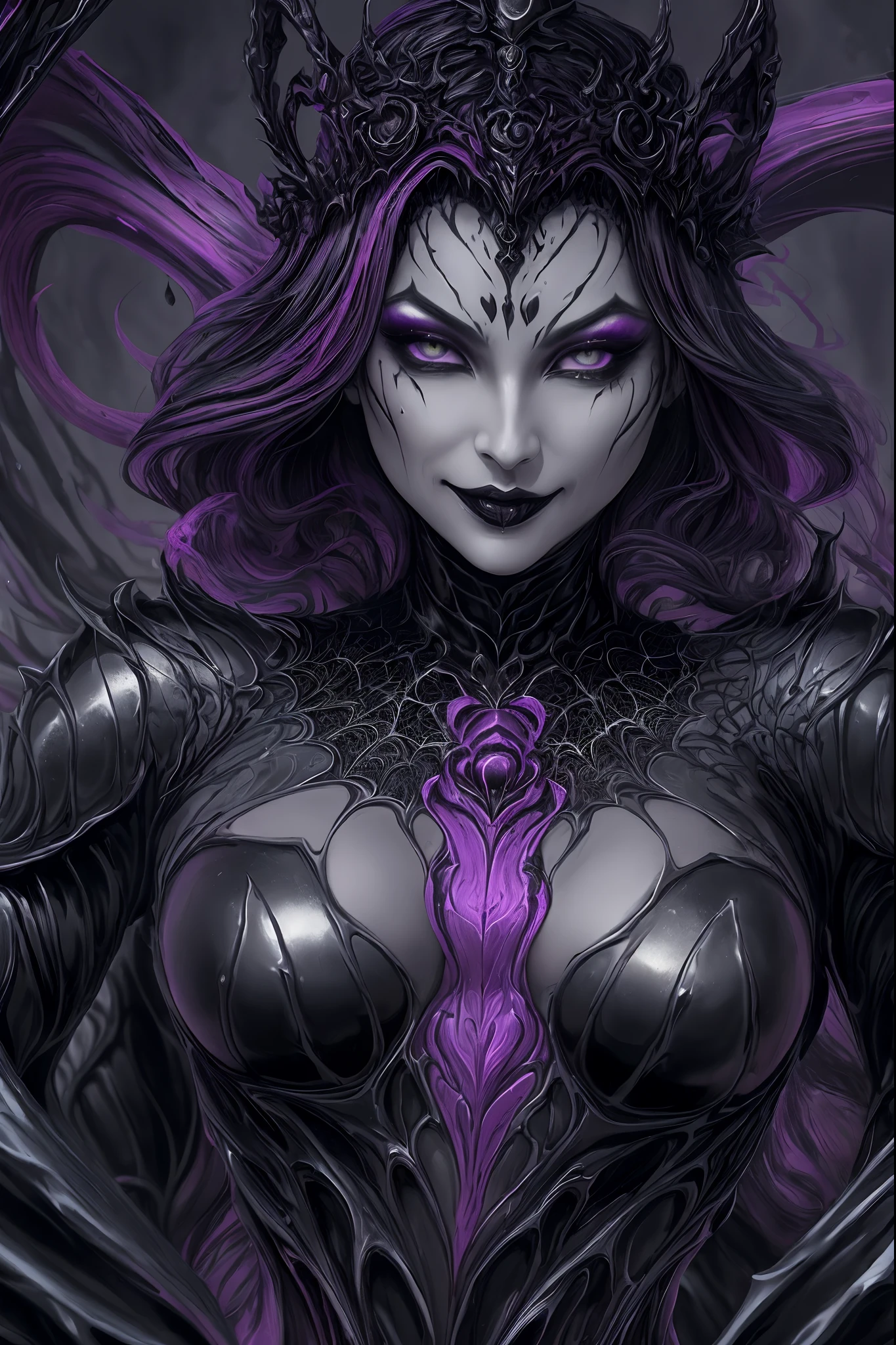 arcane arachnid lady, elise the spider queen, league of legends, arcane arachnid, fighting stance, ( body formed from mauveine and black liquid metallic paint twisting into a beautiful interpretation of the female figure), long sharp fangs, au naturel, ((complex metallic colours in the foreground)), (( fluid mechanics, the loveliest smooth scale face makeup, smirky expression)) - dark blood, onyxia