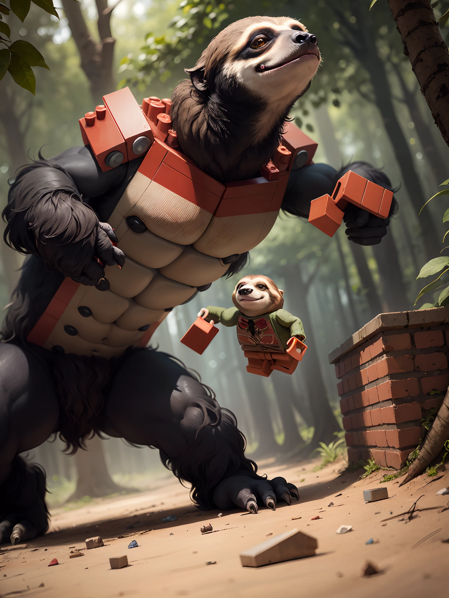 Red Lego brick beating up a sloth