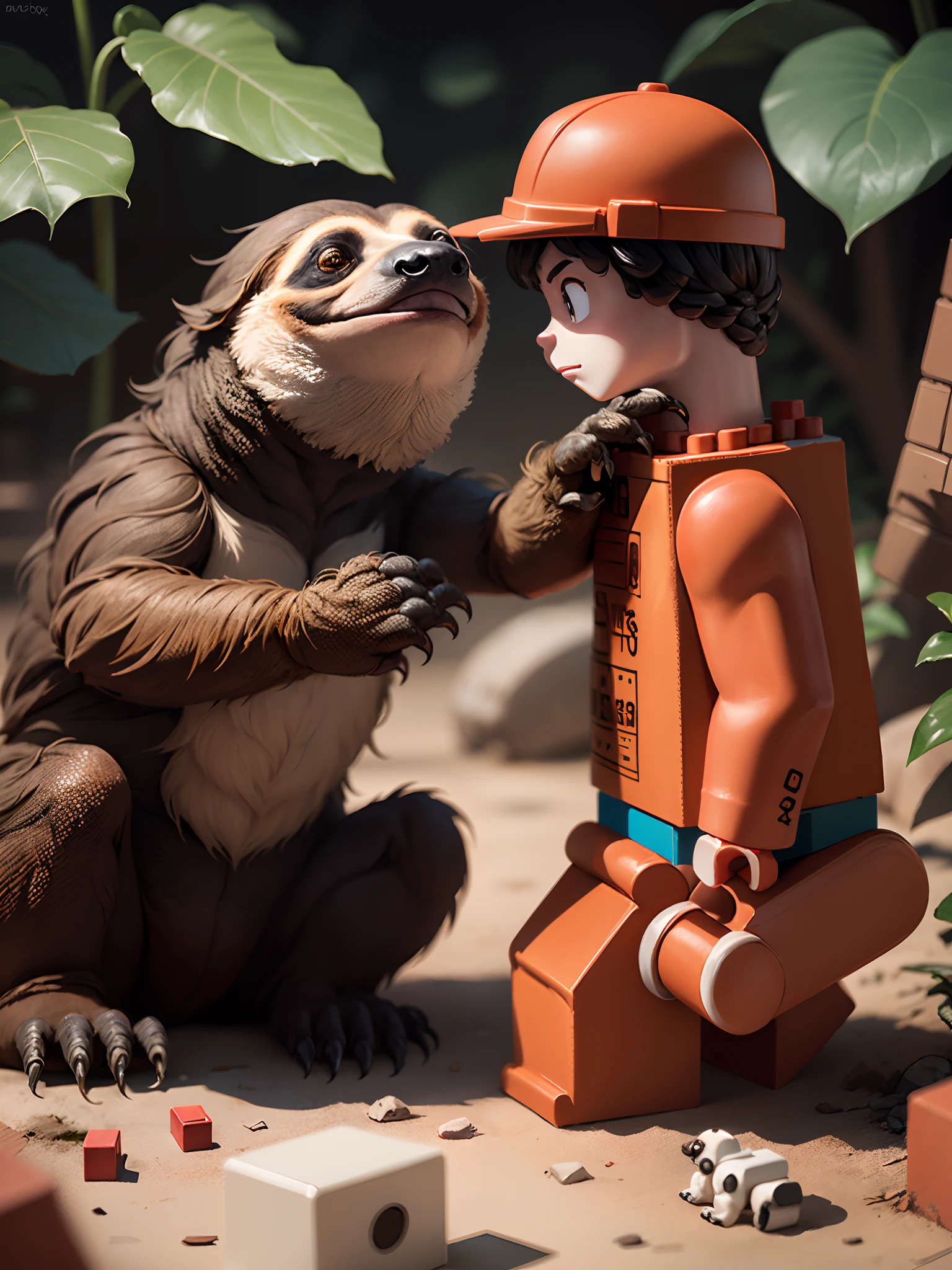 Red Lego brick beating up a sloth