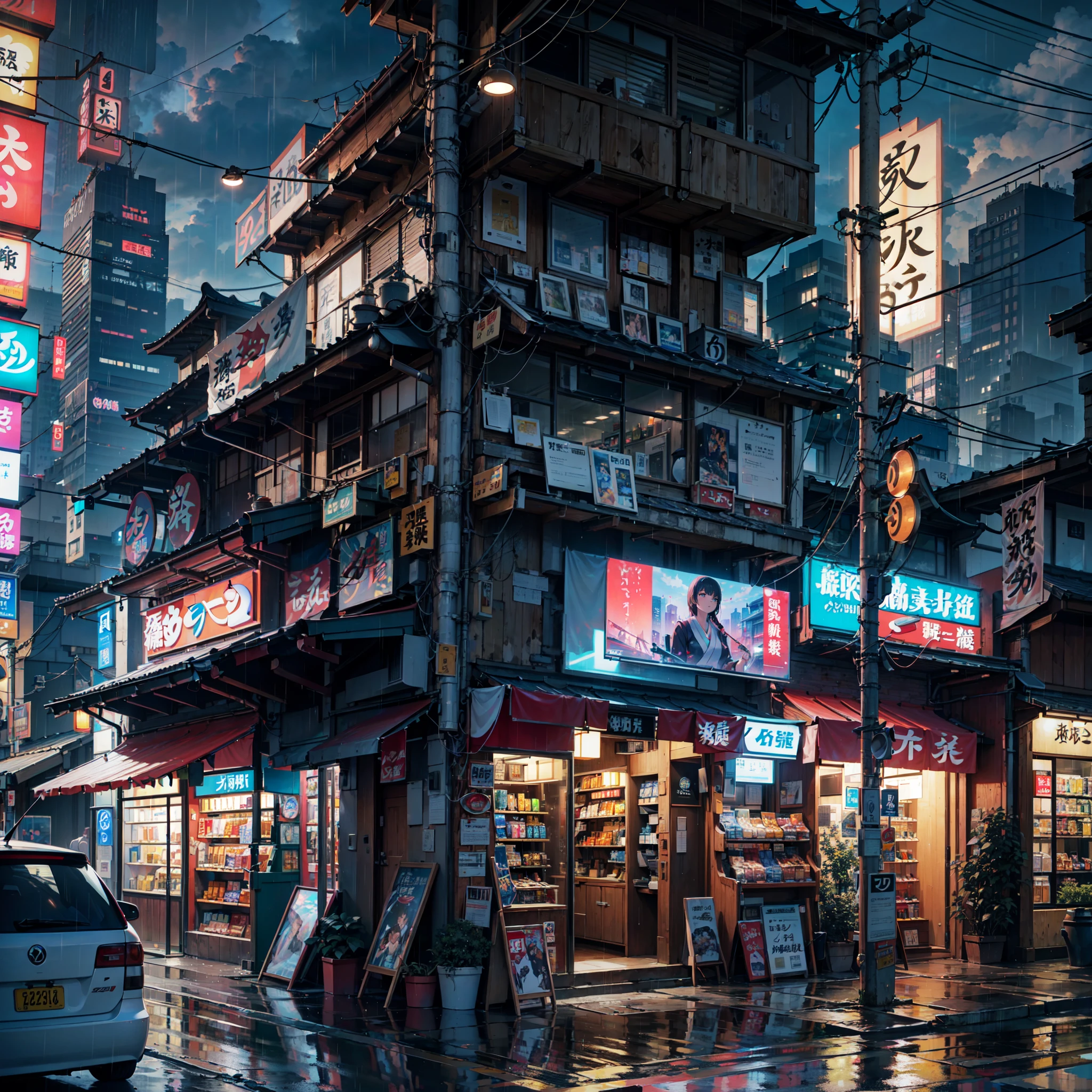(best quality,4k,8k,highres,masterpiece:1.2),ultra-detailed,(realistic,photorealistic,photo-realistic:1.37),anime background,anime,anime style,lofi,lofi vibe,lofi stlye,japan,modern japanese street,surrounded by skyscrapers,empty,no one in sight, vending machines, plant pots, trash cans, telephone poles, wires, air ventilation systems, air vents, huge neon japenese shop signs, night time, dark, ramatic weather, raining, heavy rain, puddles, rain drops, modern japanese architecture, rocks, road works