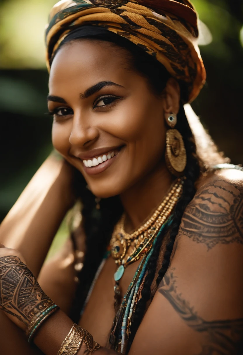 A Brazilian mulata woman is someone with a rich ethnic heritage smiling, often featuring a combination of African and European ancestry, with a range of skin tones and a vibrant culture that celebrates Brazil's racial and ethnic diversity tattooed, naked