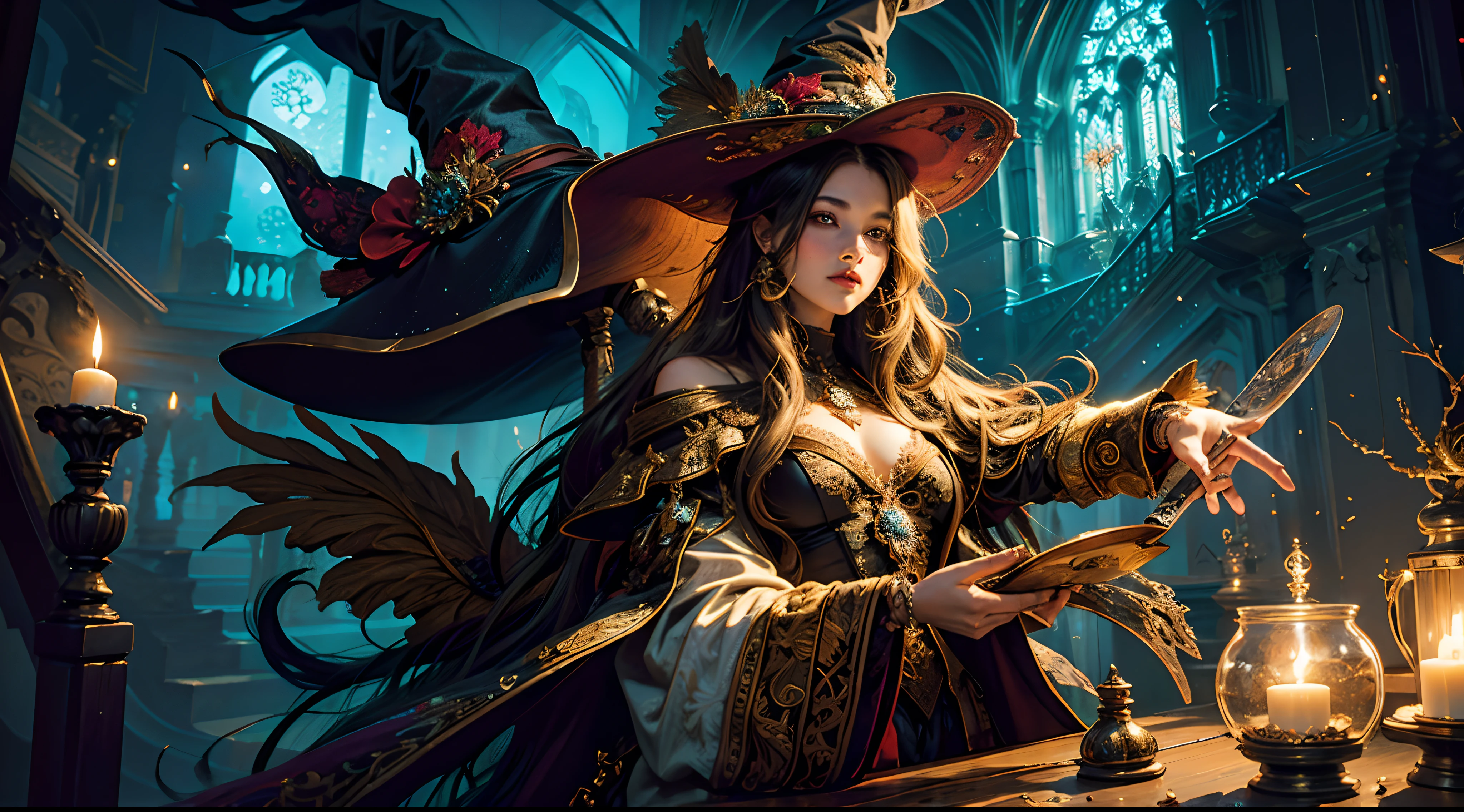 (masterpiece, top quality, best quality, official art, beautiful and aesthetic:1.2), (1girl), extreme detailed,(fractal art:1.3), ((1girl)), highest detailed, woman, witch