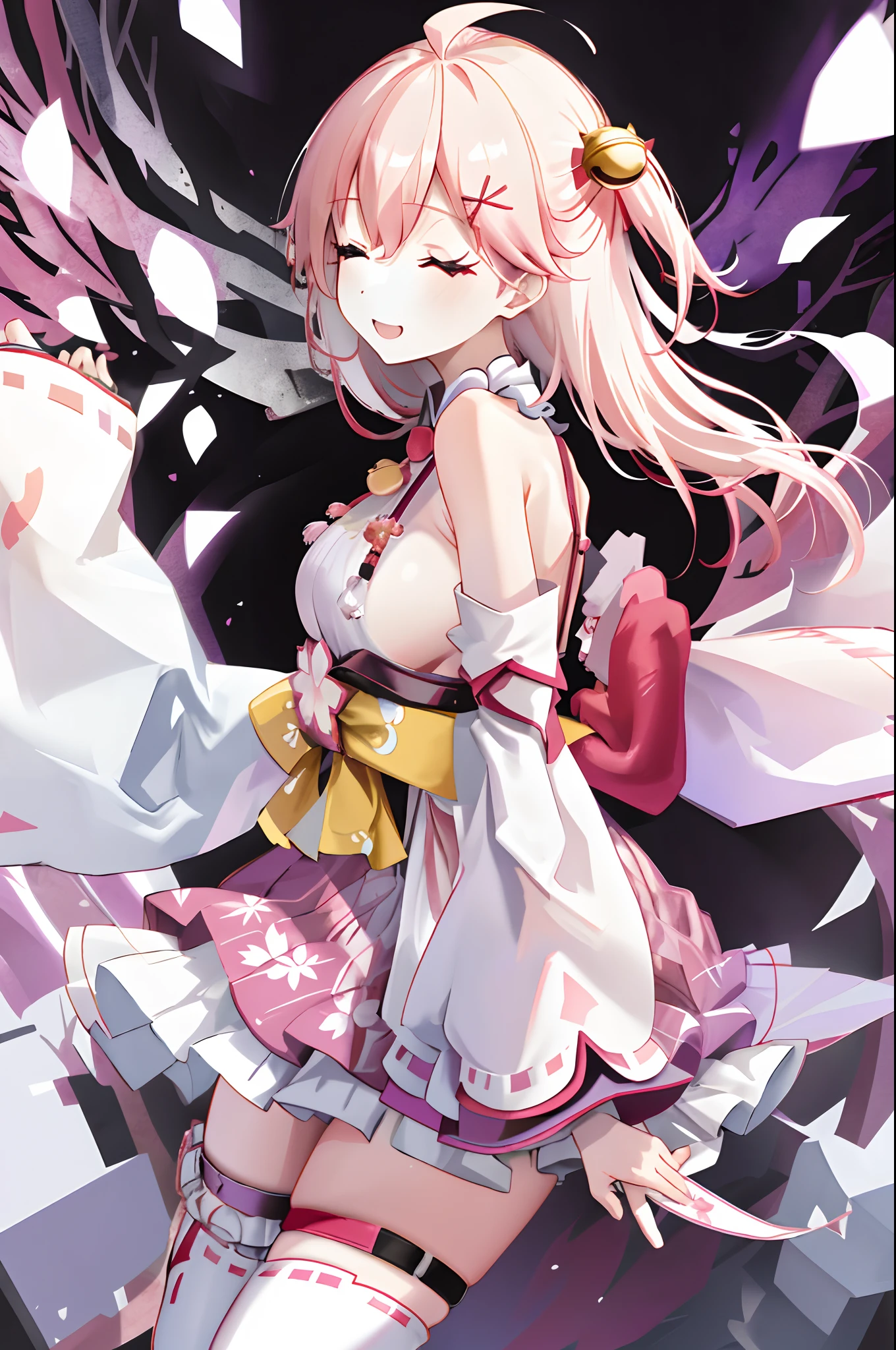 masterpiece, best quality, highres, miko1, sakura_miko, 1girl, big_boobs, solo, ahoge, x_hair_ornament, pink_hair, floral print, hairclip,(side_less_clothes:1.7), (side_boobs:1.5), hair_bell, floral print, long_hair, hair between eyes, one side up, white thighhighs, asymmetrical legwear, wide sleeves, open_mouth,(happy:1.3),close_eyes,big_smile,(rise_leg:1.3),plump,apart_legs,(overly_long_sleeves:1.3),),sleeves_past_wrists,hands_hidden_sleeves,sidelock_clothes,dynamic_posing,solo,hidden_wrists,(XD:1.4),covered_nipples,
