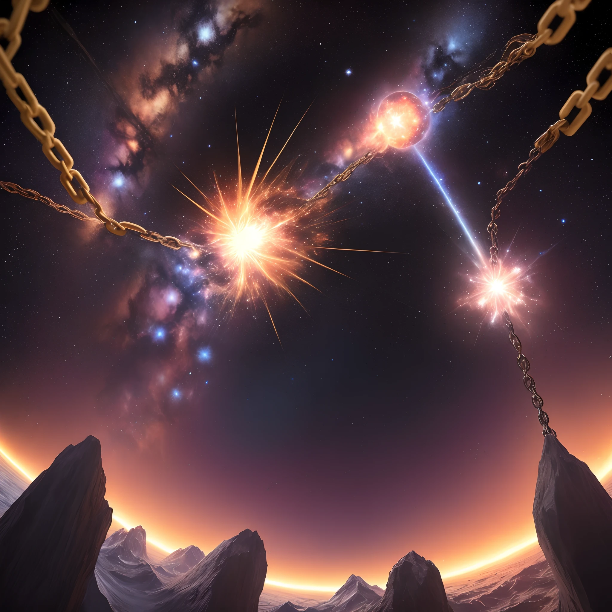 Black chains wrapping around star in space almost exploding