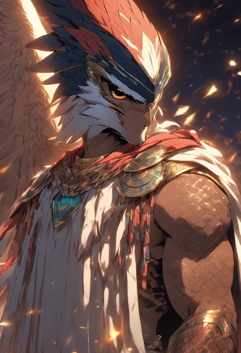 (((Man body and falcon head))) best quality, very high resolution, 4K detailed CG, masterpiece, Egyptian mythology, Khonsu, moonlight,cosmic god, Ancient Egypt, standing pose, night, white clothes , Egyptian clothing, desert, Ancient Egypt, ((falcon head, man's body)), aesthetic, beautiful image, centered on screen, standing pose