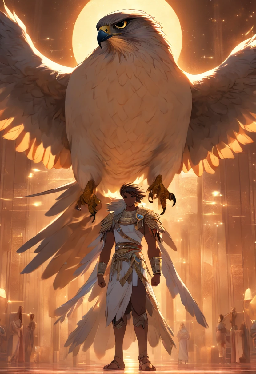 (((Man body and falcon head))) best quality, very high resolution, 4K detailed CG, masterpiece, Egyptian mythology, Khonsu, moonlight,cosmic god, Ancient Egypt, standing pose, night, white clothes , Egyptian clothing, desert, Ancient Egypt, ((falcon head, man's body)), aesthetic, beautiful image, centered on screen, standing pose