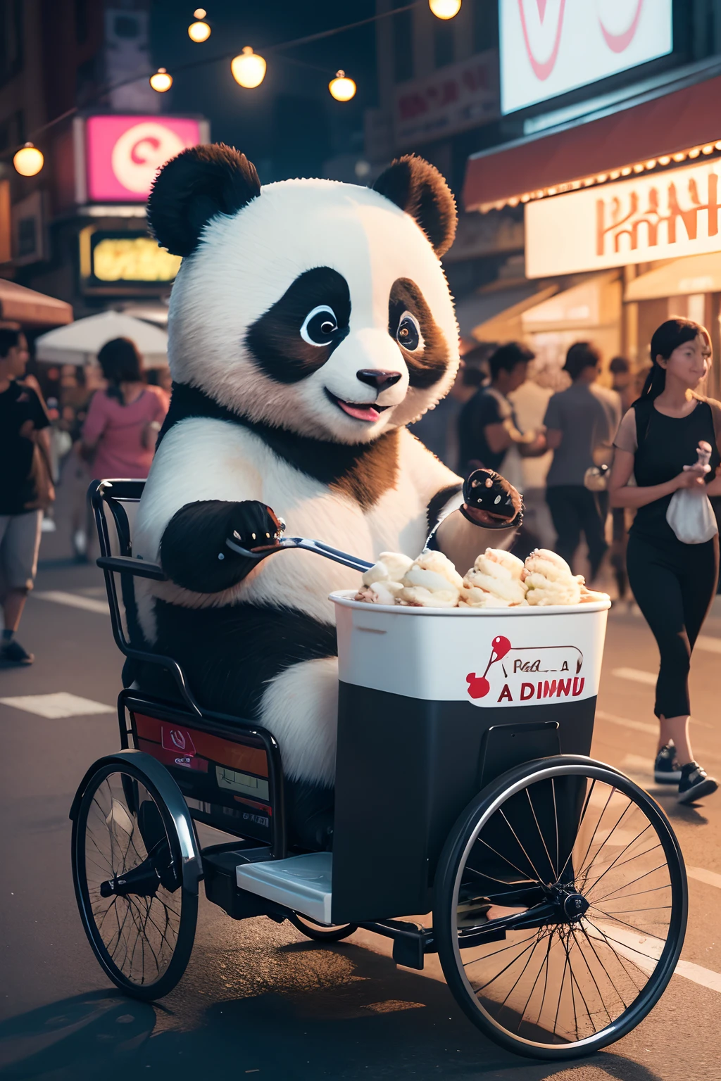 Illustrate a photorealistic scene of a cheerful panda transformed into an ice cream seller in new york, panda wear summer outfit, pushing a cart on a bustling city street at nighttime. The city lights cast dramatic glows and reflections, enhancing the atmosphere, smoke effect, dramatic lighting, crowded street with people, The panda should have a beaming smile and a sense of joy while serving ice cream to delighted customers, ultra detail, high quality, 4k