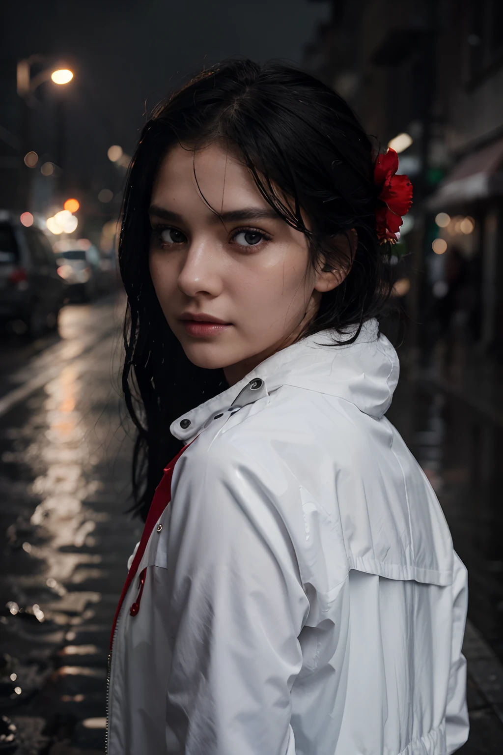 1girl, beautiful detailed eyes, detailed light, black hair, silver eyes, hair over one eye, red flower, white jacket, wet, looking back, night, raining, fog, intense shadows