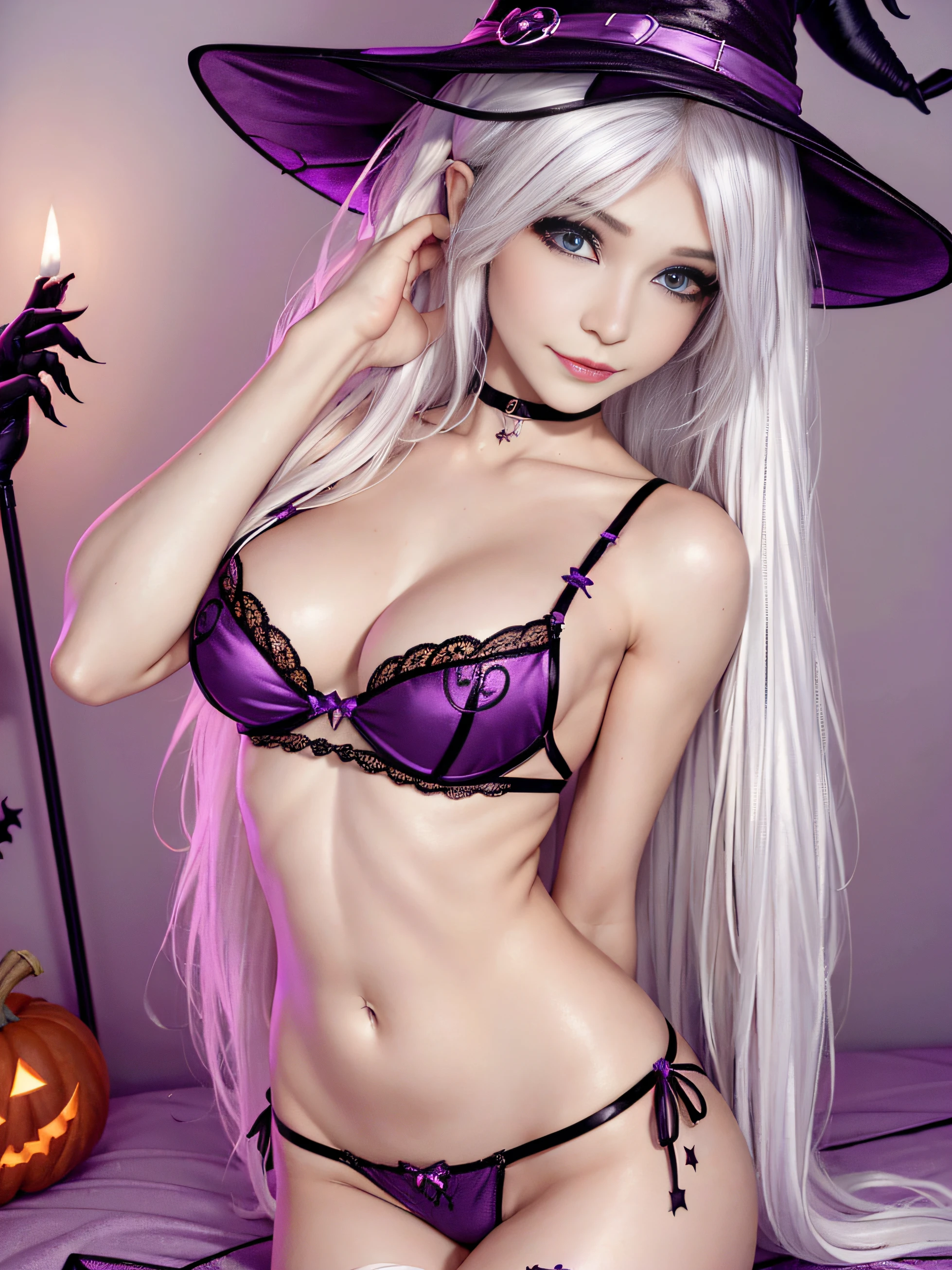 1 girl, solo female, (perfect) ((witch goddess)), intricate makeup, beautiful hair, perfect body, toned stomach, unreal engine:1.4, UHD, Best quality:1.4, photorealistic:1.4, skin texture:1.4, masterpiece:1.8, (Long white hair:1.4), ({perfect eyes)), (detailed eyes), vibrant lips, pale skin, (purple, black), (Teddy lingerie), ((halloween themed witch bedroom)), sensual, radiant,