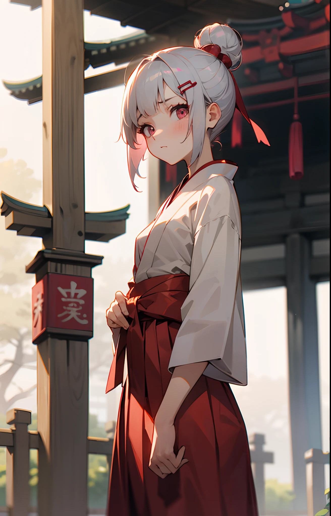  girl、Short hairstyle with silver hair and bob, Hair tied in a bun with a hair clip, Pink eyes, small tits、Embarrassment,stare at each other、shrines,Crimson Hakama,,boyish,shrine maiden,