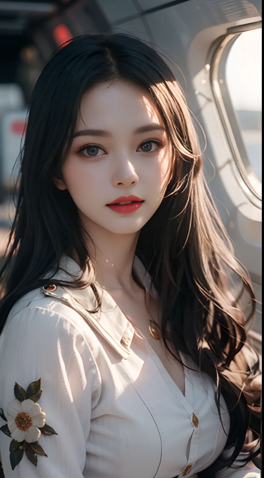 (From the outside) , Many colors,best qualtiy,8K,Real Photographics,Delicate skin details,tmasterpiece,photos realistic,intricate-detail,RAW photogr,in an airplane,ssmile,florals,Stewardess,sockes,extra long hair,cropped shoulders,delicated face,Expose cleavage,Hainan Airlines,Professional attire of flight attendants,Manteau,skirt by the,ornamented,Perfect Finger,Dissection is correct,(Large room,0.8),Big Cuby hips,shiny skins,Shooting from front