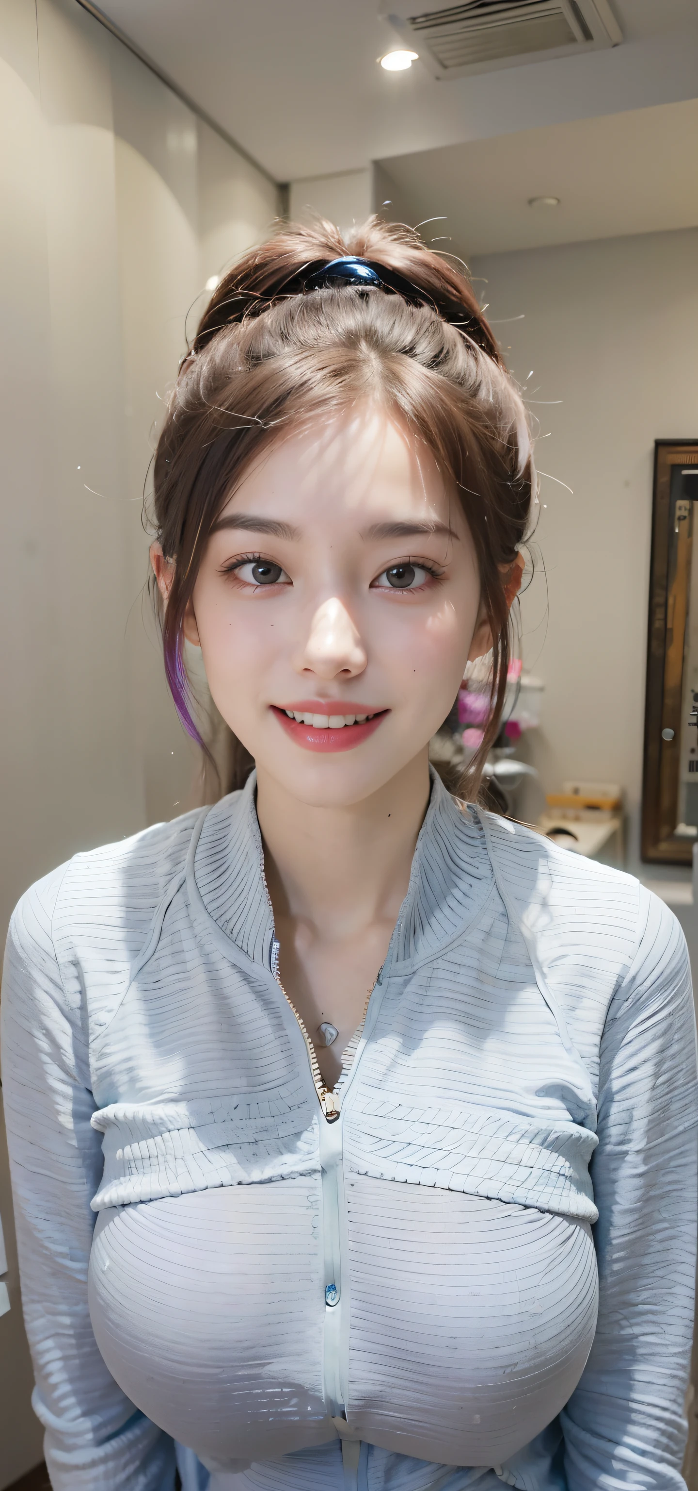 a close up of a woman with a pink hair and a gray shirt, 8k selfie photograph, ruan jia beautiful!, 奈良美智, xintong chen, young cute wan asian face, yanjun chengt, yun ling, full body xianxia, wenfei ye, cai xukun, sha xi, masterpiece, superdeformed, (((full body:1.3))), ultra high res, RAW photo, masterpiece, ultra detailed, 8k, full detailed hair, highres, best quality, ultra high res, ultra detailed face and eyes, (((photorealistic:1.4))), looking at viewer, (((smiling:1.2))), cute, (((large breast:1.7))), (((ray tracing:1.4))), ((((long legs:1.4)))), Best quality , masterpiece, large hip, Fully facial detailed, beautiful, ((very detailed of hair )) , (((:1.2))), thin lips, big eyes, highres, seducing, blue eyes , slim waist, 8k:1.2, 16k:1.2, highres, karol bak uhd, inspired by hajime sorayama, sensual gravure idol, buxom chested, panasonic lumix s pro 70mm