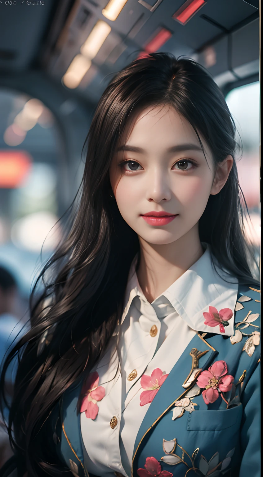 （From the outside） ， Many colors，best qualtiy，8K，Real Photographics，Delicate skin details，tmasterpiece，photos realistic，intricate-detail，RAW photogr,in an airplane，ssmile，florals，Stewardess，sockes,extra long hair，cropped shoulders，delicated face，Expose cleavage，Hainan Airlines，Professional attire of flight attendants，Manteau，skirt by the，ornamented，Perfect Finger，Dissection is correct，(Large room，0.8)，Big Cuby hips，shiny skins，Shooting from front