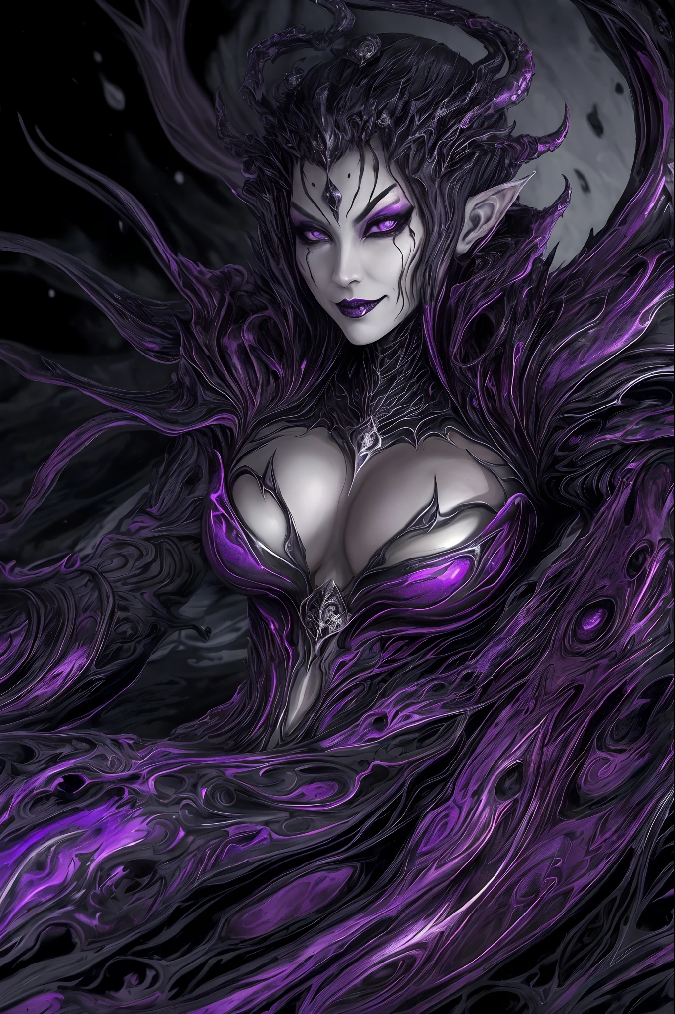 arcane arachnid lady, elise the spider queen, league of legends, arcane arachnid, fighting stance, ( body formed from metallic mauveine and metallic black liquid metallic paint twisting into a beautiful interpretation of the female figure), long sharp fangs, au naturel, ((complex metallic colours in the foreground)), (( fluid mechanics, the loveliest smooth scale face makeup, smirky expression)) - dark blood, onyxia