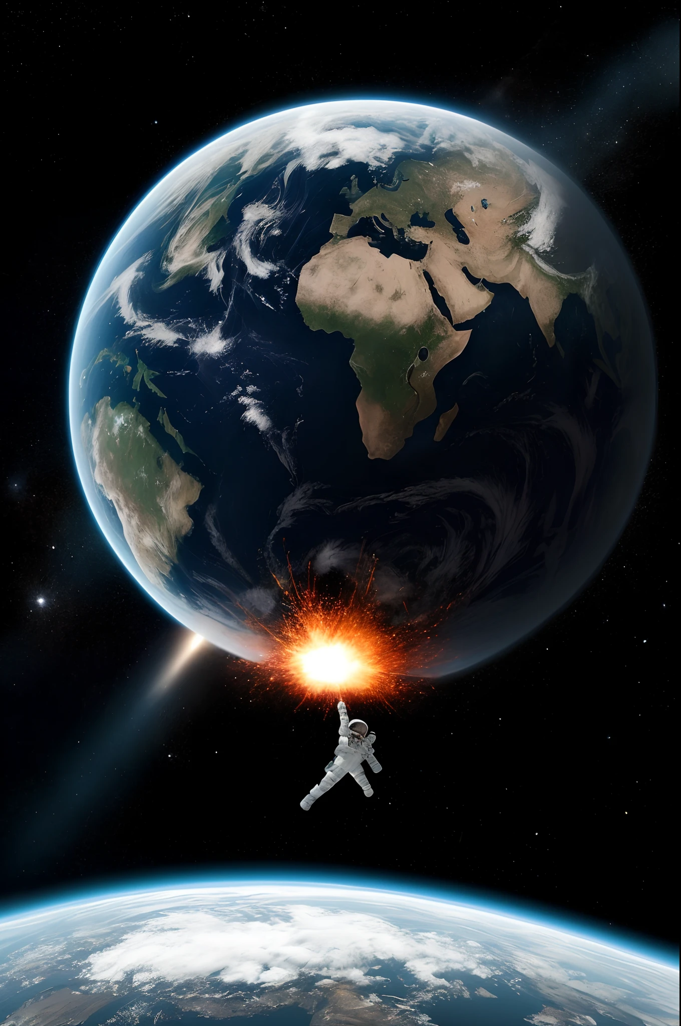 Astronaut floating in space blurry face earth exploding behind
