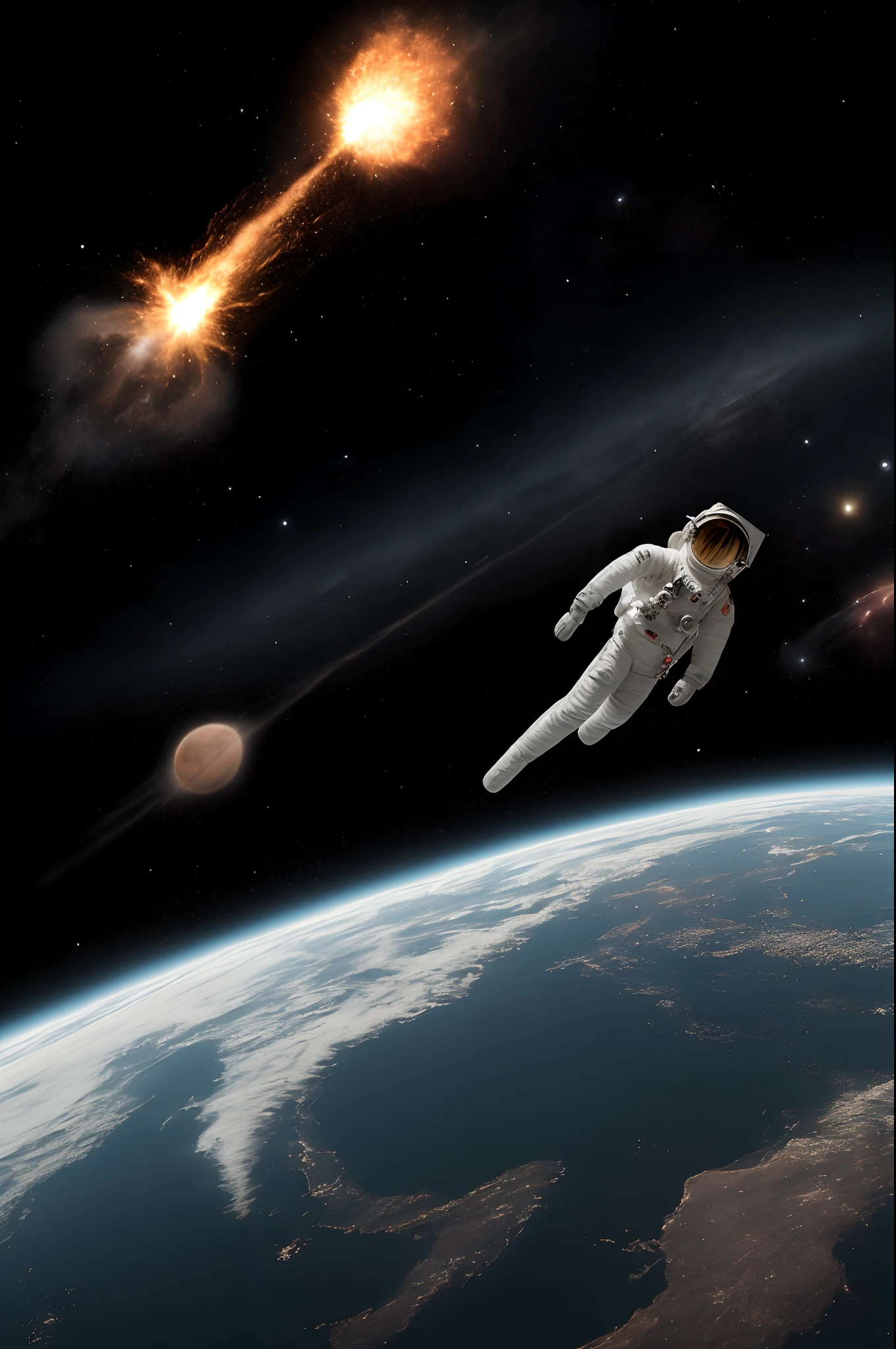 Astronaut floating in space blurry face earth exploding behind