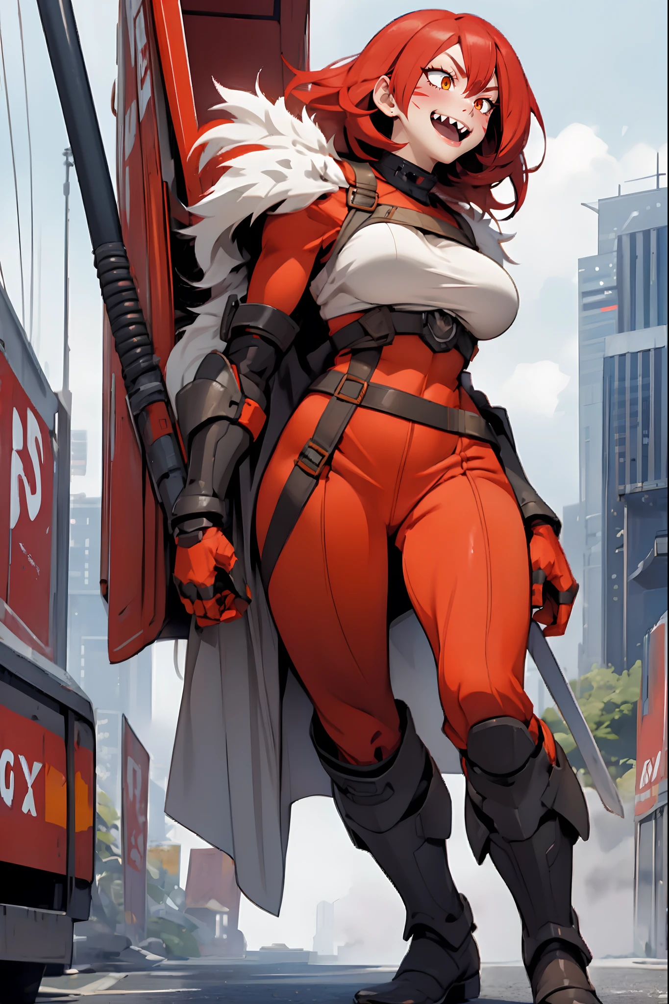 Girl in super hero uniform with red and black details, claws on her hand, full body, adamantine claws, beautiful and strong, stylish, with purple details