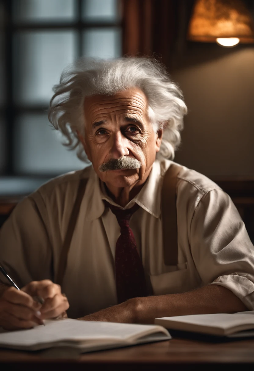 scientist Albert Einstein looking to the side with great anger, a rare moment of intense anger asking for silence with a finger in his mouth,, mysterious, against the backdrop of a dimly lit large hall with imposing and foreboding windows shrouded in fog, casting a mysterious and mystical environment, as if the shadows themselves were about to reveal a sinister secret, with a warm, muted color palette of burnt oranges, faded golds and dusty blues, evoking a sense of aged and forgotten knowledge, surrounded by scattered tomes and dusty and ancient scientific instruments, bathed in a warm, soft glow. vintage retrocore, daguerrotype,, photo, cinematic