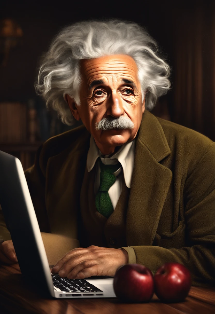 do Albert Einstein studying using an apple Macbook, totalmente moderno e adaptado para os dias de hoje.