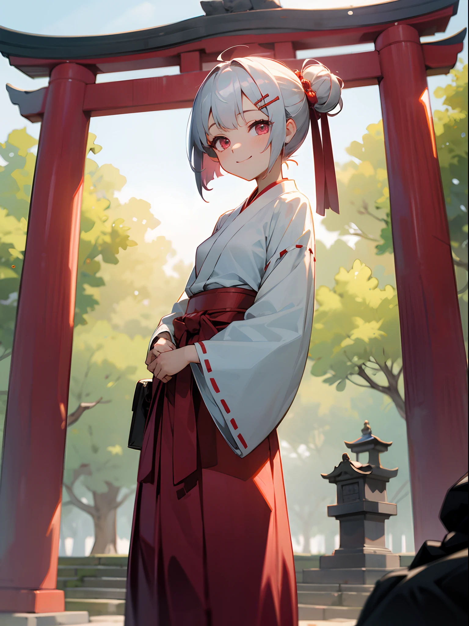  girl、Short hairstyle with silver hair and bob, Hair tied in a bun with a hair clip, Pink eyes, small tits、Laugh、a smile、stare at each other、shrines,Crimson Hakama,,boyish,shrine maiden,
