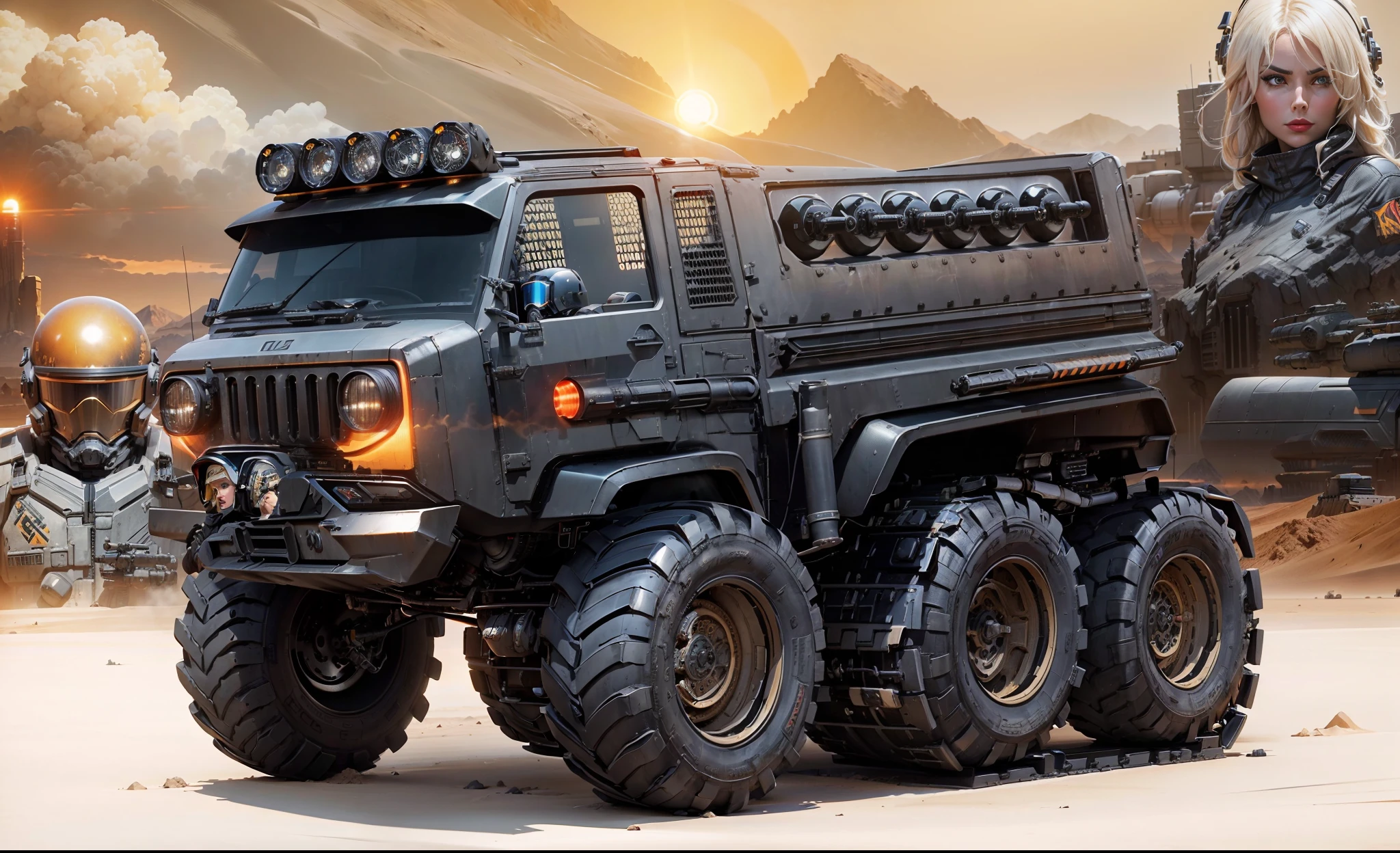 A powerful black vehicle armed with missiles on the foreground, Behind a pilot in a Sci Fy helmet and a beautiful blonde woman with red lips armed with a machine gun, In the background a city in the desert with orange sky and a big sun behind the mountains
