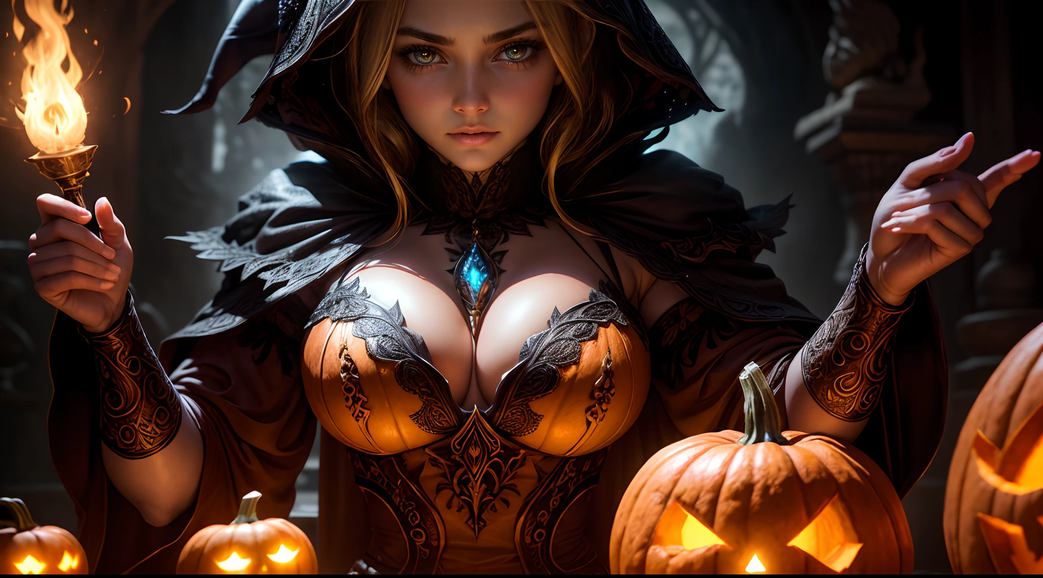 "A close-up photograph of a pumpkin carved with a sorceress's image, dramatically lit by a torch, with a focus on the intricacies of the carving. High-resolution, crisp, intricate, captivating."