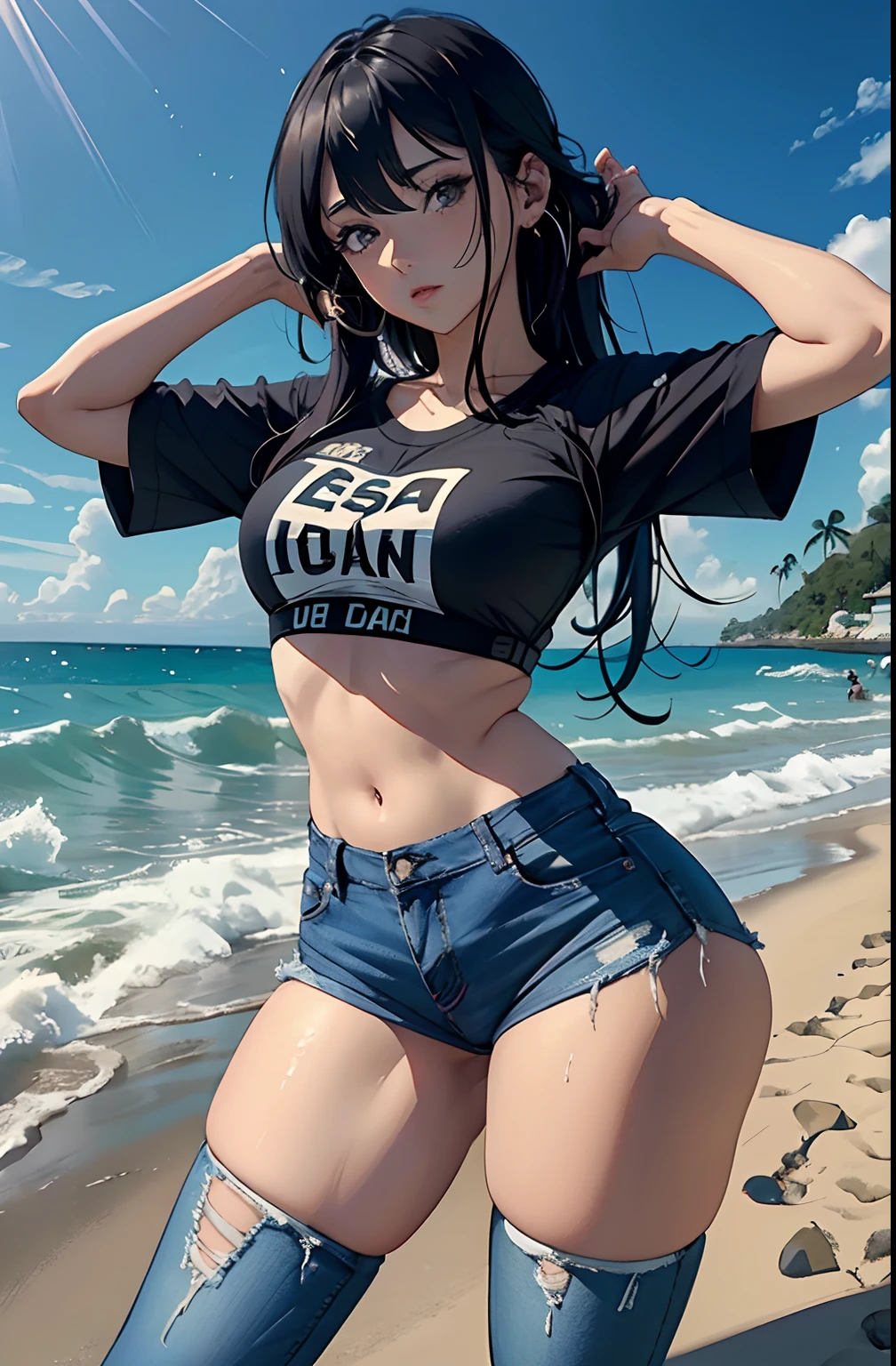 (Hinata Hyuga, muito sensual, com roupas apertadas, bunda grande, pernas grossas, Wearing extremely tight jeans, usando uma mini blusa, umbigo com pirsing, cabelo grande, Speaker behind, muito realista, extremamente sexy, 8k, 8k extremamente detalhado), (um extremamente delicado e bonito), (obra-prima), (melhor qualidade: 1.0), (ultra highres:1.0)