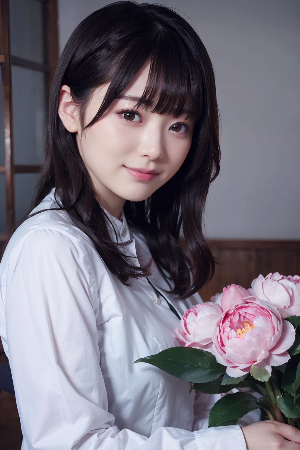 ((masutepiece)), ((Best Quality)), (Ultra-detailed), ((Extremely detailed)), 4K, (8K), Best Quality, (Beautiful), Dynamic Angle, Peony flower tree, Cute little girl s, 1girl in, Solo, Nothing fancy, japanese cloth, beautiful black hair0, ((Beautiful eyes))0, Smile