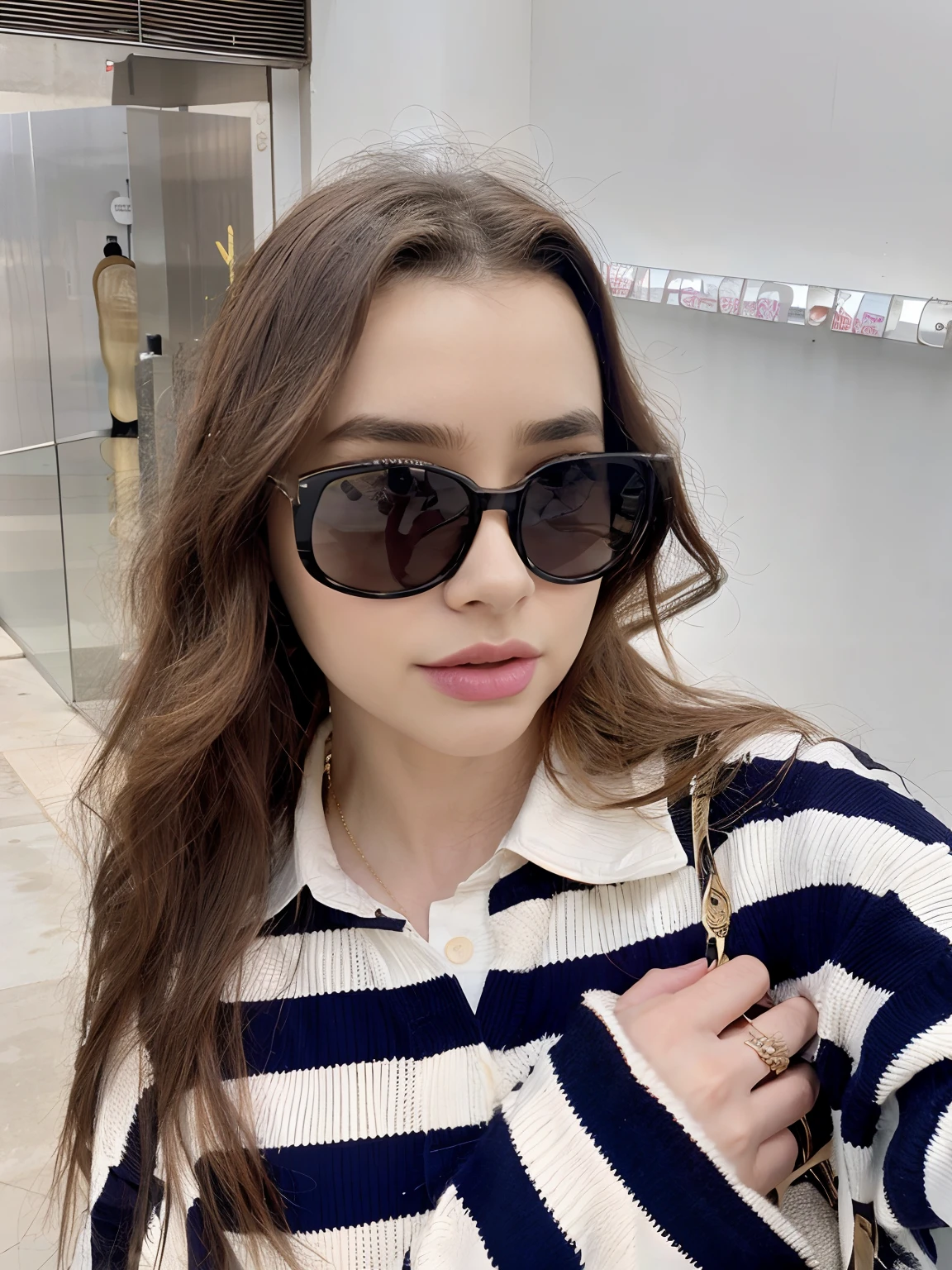 Woman wearing sunglasses and a striped sweater posing for a selfie, designer sunglasses, Lilly Collins, Gafas de sol, Lily Collins, con gafas de sol, dilraba dilmurat, 2 0 2 0 moda, Charli Bowater, Joey Rey, con gafas de sol, Hailee Steinfeld, Eva Elfie, tonos oscuros, Gafas de sol, 2021