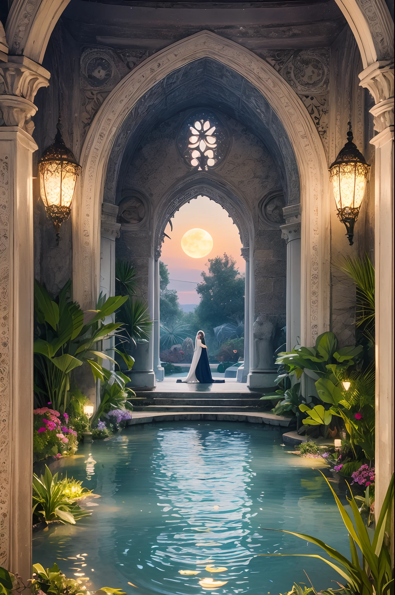 "Moonlit beautyful priestess, tropical oasis, magical pond, nocturnal mysteries, ethereal enchantment"