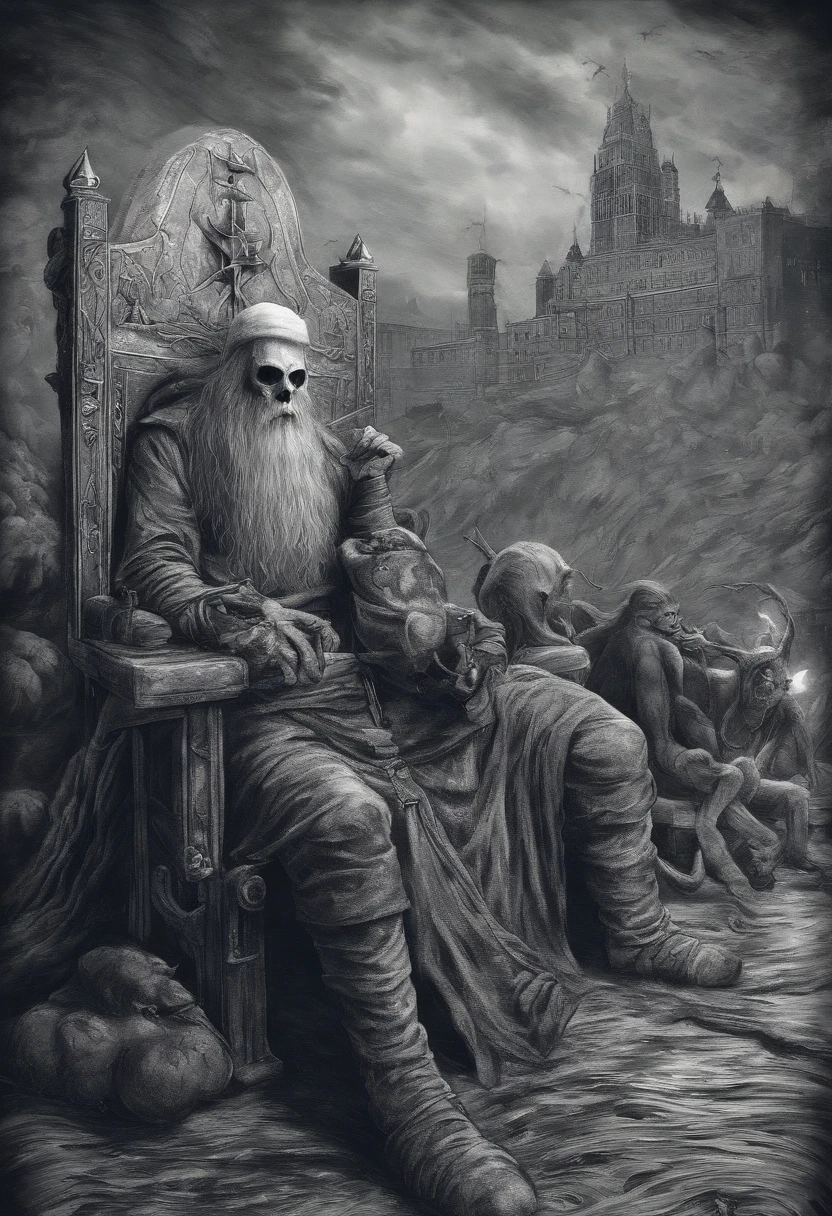 An epic image depicting Santa Claus, horned and brave-looking. He's sitting on his throne , Holding a bag of gifts in his left hand and a Coca Cola in his right hand, com um olhar imponente. Ao seu redor, Slaves working in the background of the scenery, transmitindo medo e respeito.