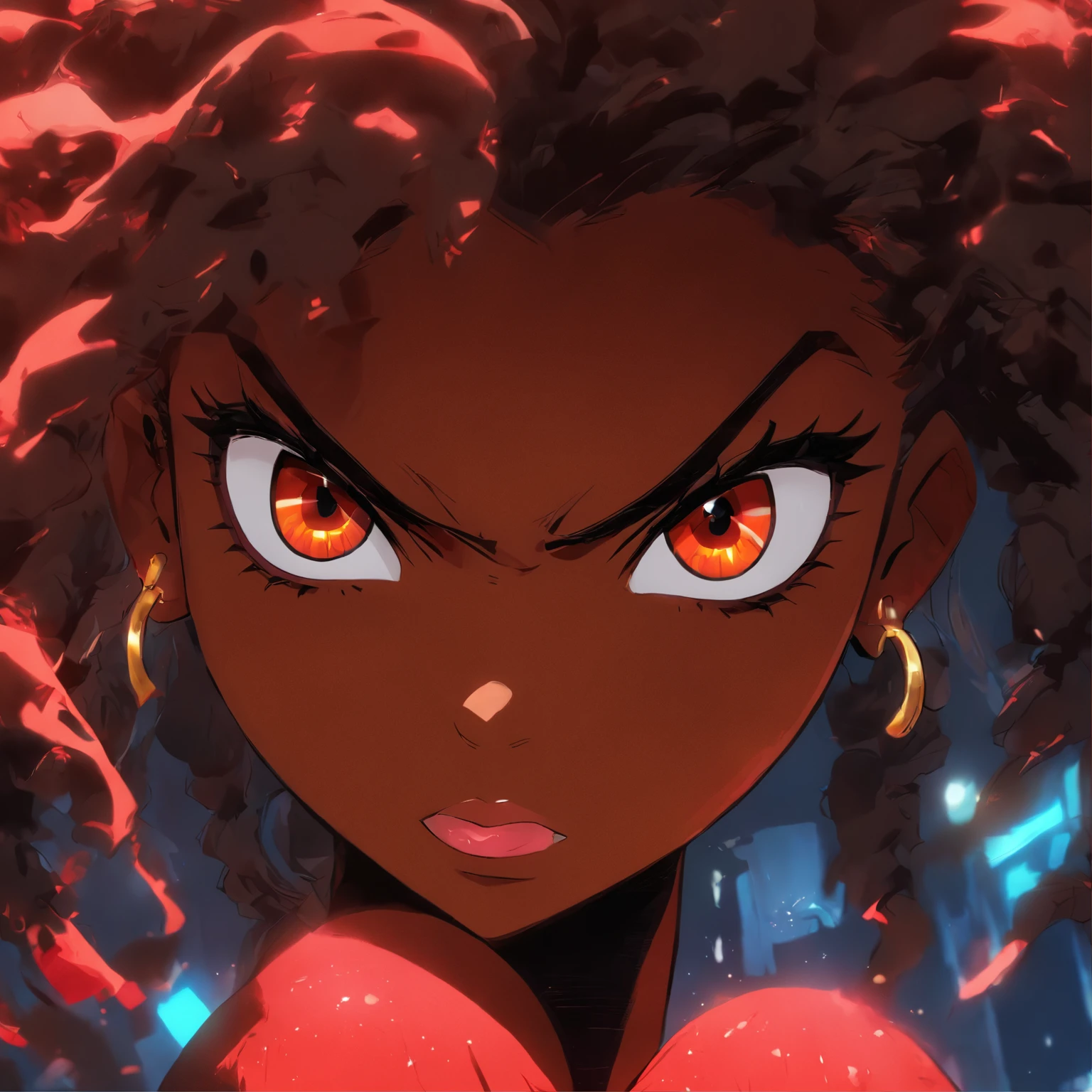 22 year old African girl, con camiseta Brasil, pelo largo, pelo negro, pelo rizado ojos negros, Sharp eyes, labios gruesos, labios rojos, mirada sexy, primer plano, UHD, 32K