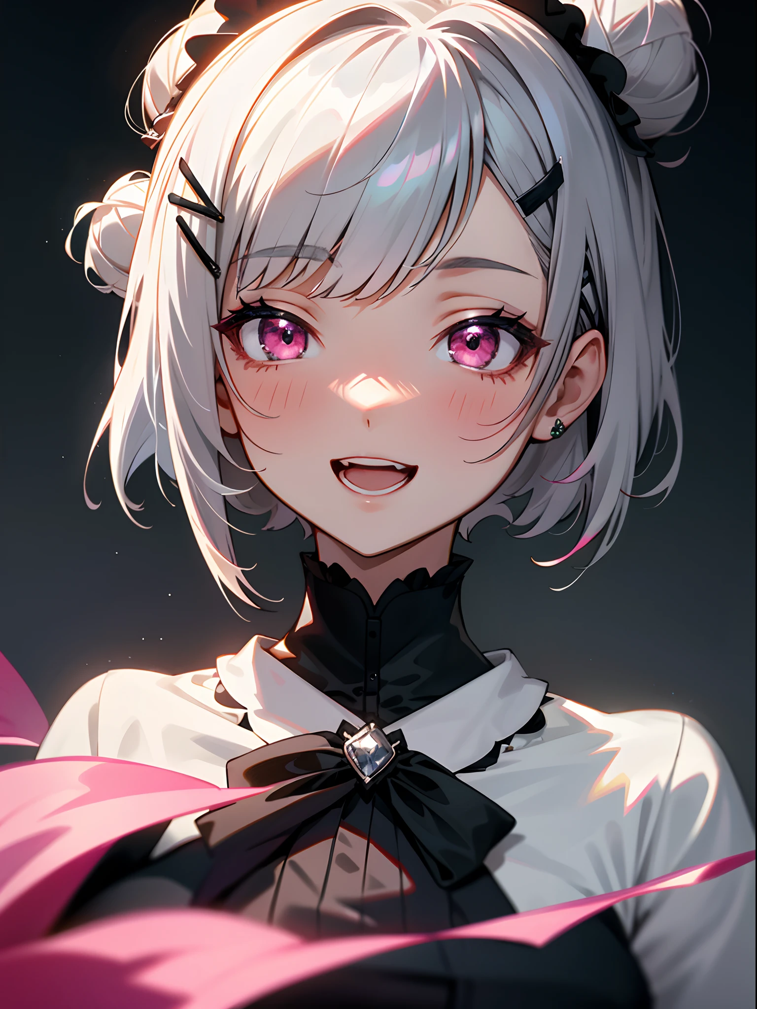 Close up portrait of woman in dress in white and black dress、Gothic Otome anime girl、anime girl wearing a black dress、Cute anime waifu in a nice dress、Anime girl in maid costume、Elegant Gothic princess、 girl、Short hairstyle with silver hair and bob, Hair tied in a bun with a hair clip, Pink eyes, small tits、a smile、Opening Mouth