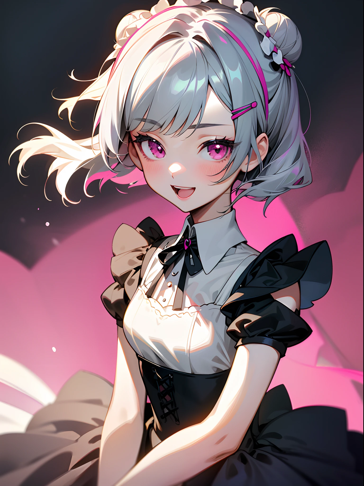 Close up portrait of woman in dress in white and black dress、Gothic Otome anime girl、anime girl wearing a black dress、Cute anime waifu in a nice dress、Anime girl in maid costume、Elegant Gothic princess、 girl、Short hairstyle with silver hair and bob, Hair tied in a bun with a hair clip, Pink eyes, small tits、a smile、Opening Mouth