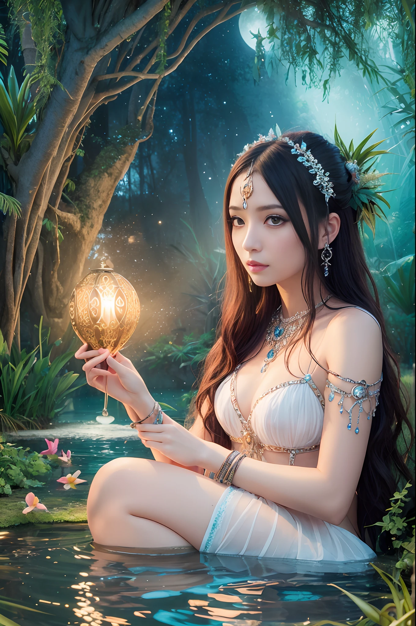 "Moonlit beautyful priestess, tropical oasis, magical pond, nocturnal mysteries, ethereal enchantment"
