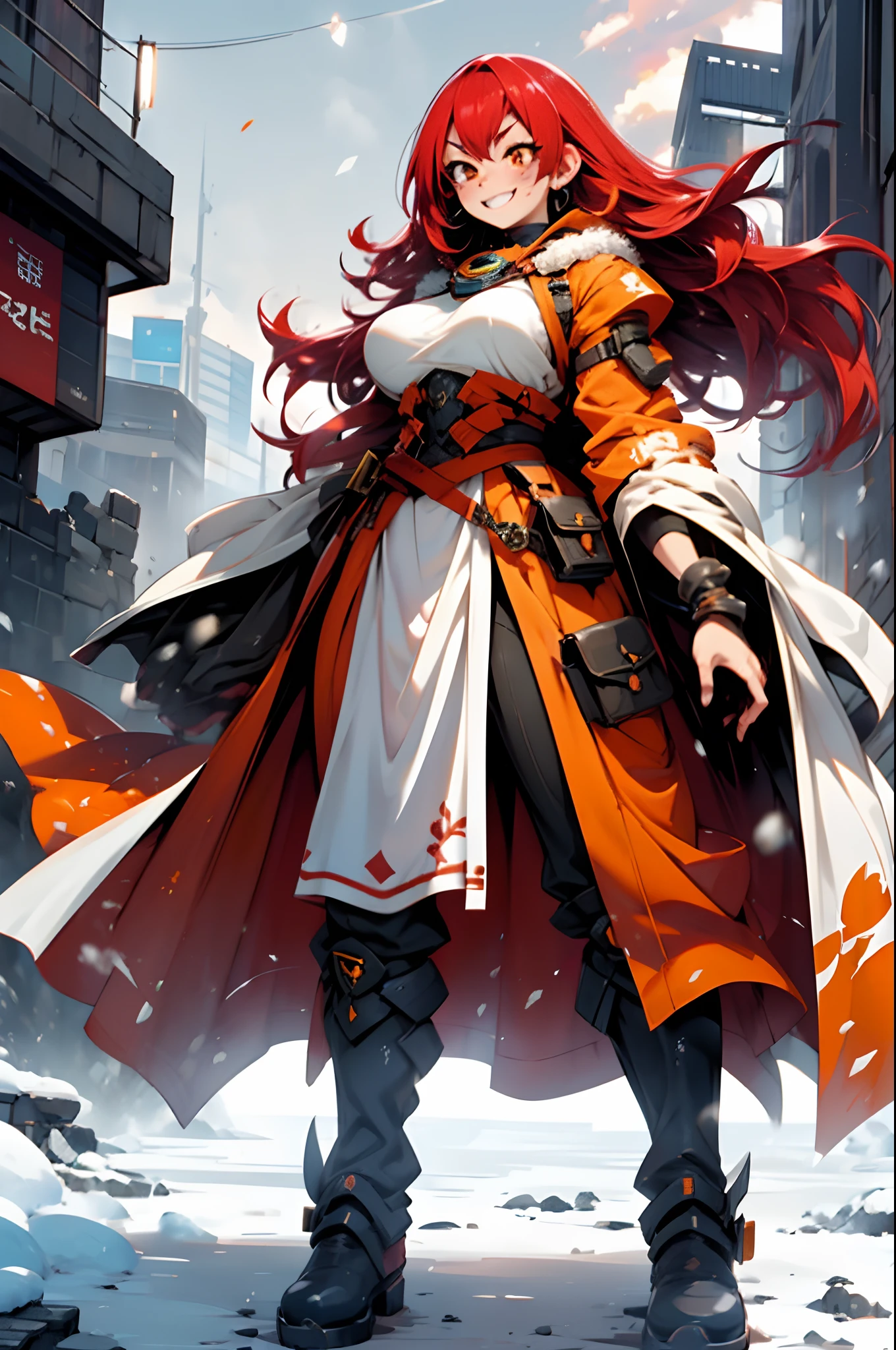 lava, red hair, orange eyes, adventurer cloths, big breast, smile, facial mark, long hair, standing solo, full body, boots, sharpteeth, tundra snow, ruins, temples