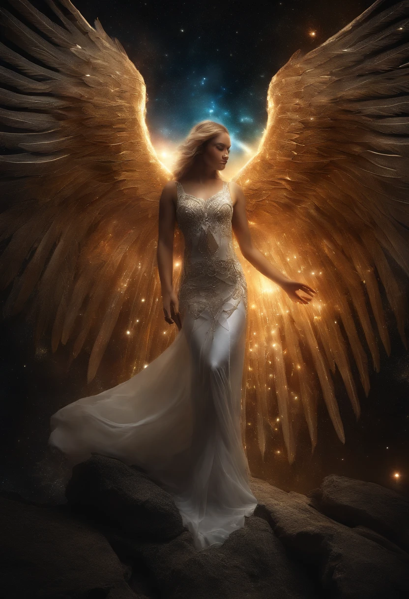 cosmic fallen angel, olhos claros brilhantes, Biomechanicals, estranho, assustador, Pesadelo, cores muito brilhantes, light particles, com luz brilhante, Mshiff, Arte do papel de parede, Papel de parede UHD