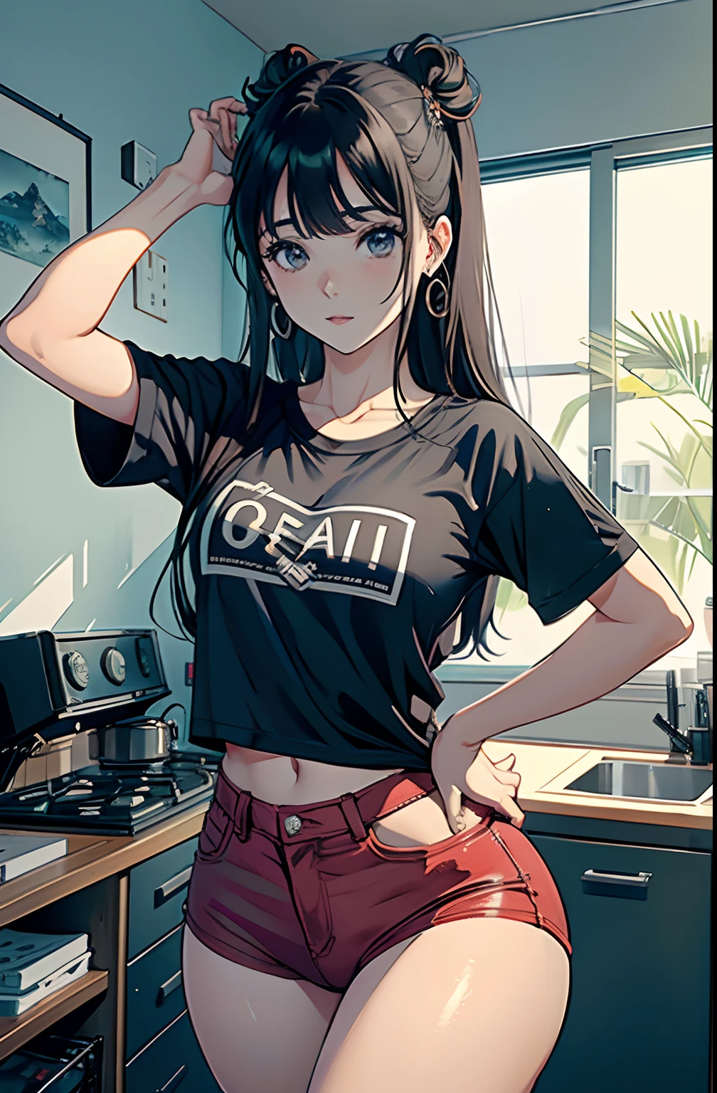 (Hinata Hyuga, muito sensual, com roupas apertadas, bunda grande, pernas grossas, Wearing extremely tight jeans, usando uma mini blusa, umbigo com pirsing, cabelo grande, Speaker behind, muito realista, extremamente sexy, 8k, 8k extremamente detalhado), (um extremamente delicado e bonito), (obra-prima), (melhor qualidade: 1.0), (ultra highres:1.0)