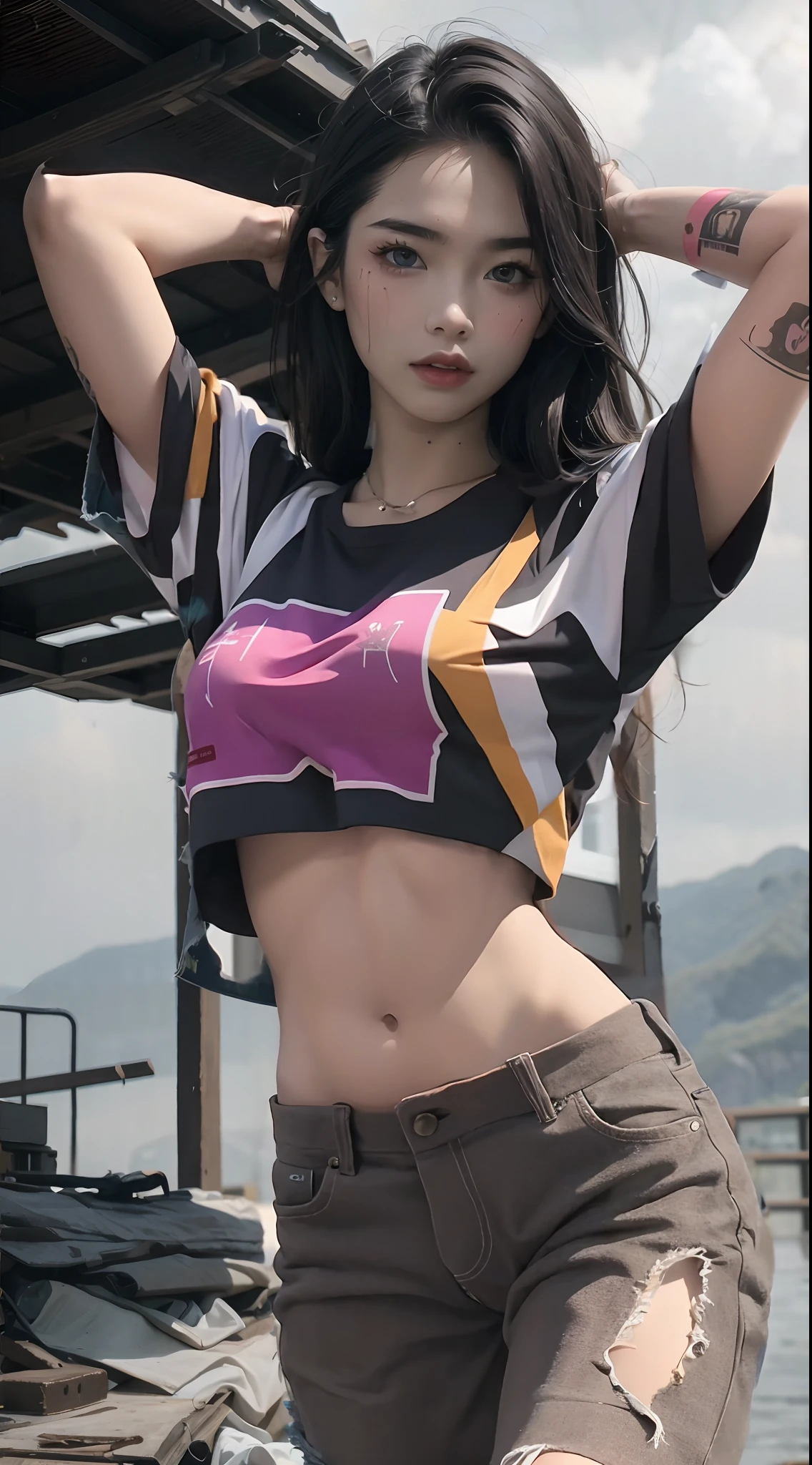 masterpiece, bestquality, High Quality, 1 girl, bara, Focus Girl, looking at the audience, full body, tattoo colour, looking good face, looking good body, good details, excellent antomy,