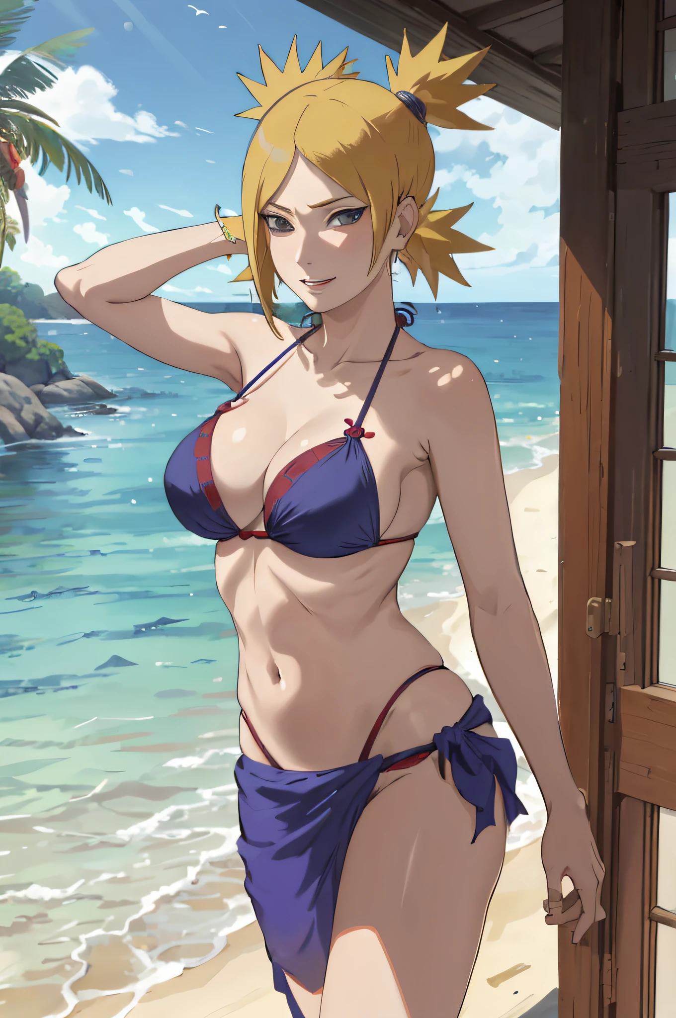 Masterpiece, absurderes , (Intricate details), (Colorful),cleavage，Be red in the face,Extremely detailed Cg Unity 8K wallpaper,Temari\(Boruto\), 1girll, Mature female,blue skimpy bikini, Outdoors,Wind, sportrait，ssmile，sea beach，the sea，coconut palms，Large breasts, sarong,