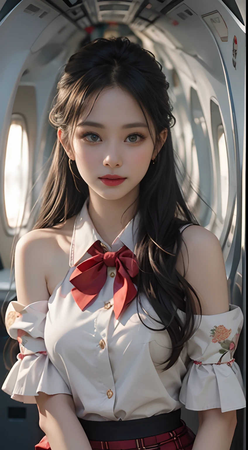 (From the outside) , Many colors,best qualtiy,8K,Real Photographics,Delicate skin details,tmasterpiece,photos realistic,intricate-detail,RAW photogr,in an airplane,ssmile,florals,Stewardess,sockes,extra long hair,cropped shoulders,delicated face,Expose cleavage,Hainan Airlines,Professional attire of flight attendants,Manteau,skirt by the,ornamented,Perfect Finger,Dissection is correct,(Large room,0.8),Big Cuby hips,shiny skins,Shooting from front