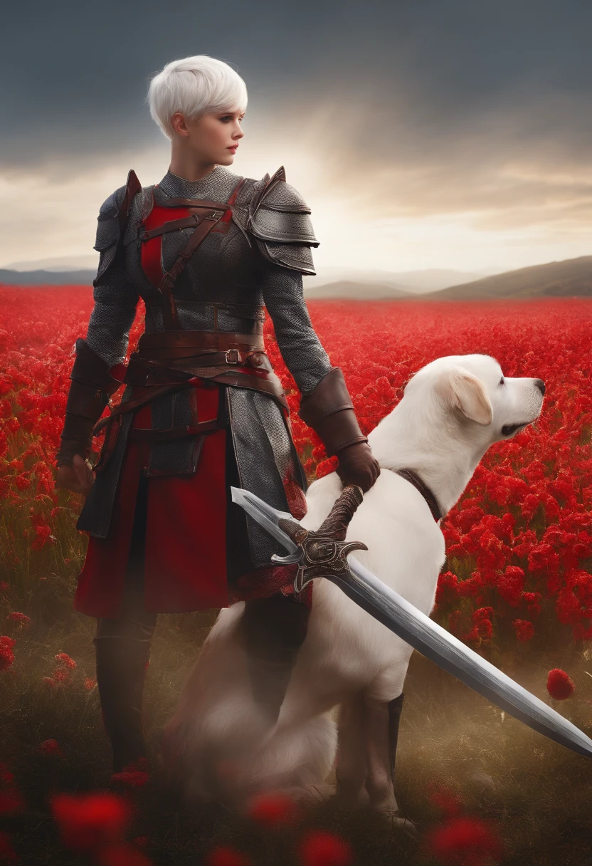 masutepiece , girl with, In the fields, ( Light White Shorthair:1.2), (Red Eyes:1.2), (Clauseider:1.2), (look at viewr:1.2) , (8K, Best Quality 1.2), Ultra-detailed, 8K UHD, Soft lighting, High quality, Film grain, Beautiful lighting, Cinematic ,Perfect body , Best Illumination, Best Shadow, sharpness, Contrasty, Red glasses, hair messy, , Absurd high detail face, steel armor, Great sword