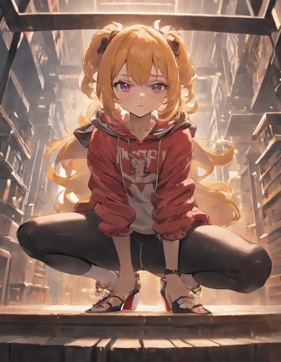 girl in leggings, stilettos and hoodie, sitting on top of a desk