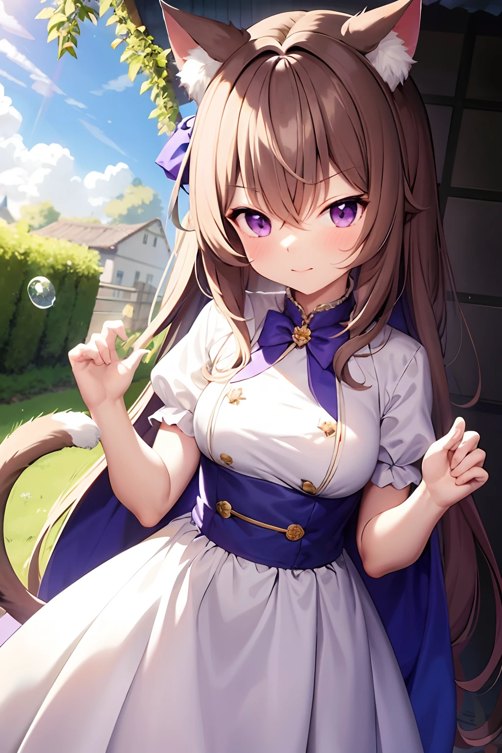 tmasterpiece,best qualtiy,A high resolution,The is very detailed,detailedbackground,电影灯光,1loli,looking at viewert,Even magic robes,are standing,Cat ears,Very short,flat boobs,a cat tail,looking at viewert,serious-expression, Khaki hair, long whitr hair,Puff sleeves, exteriors, Bubble short sleeves, white dresses, rays of sunshine, Purple eye, Mottled sunlight, In the daytime,