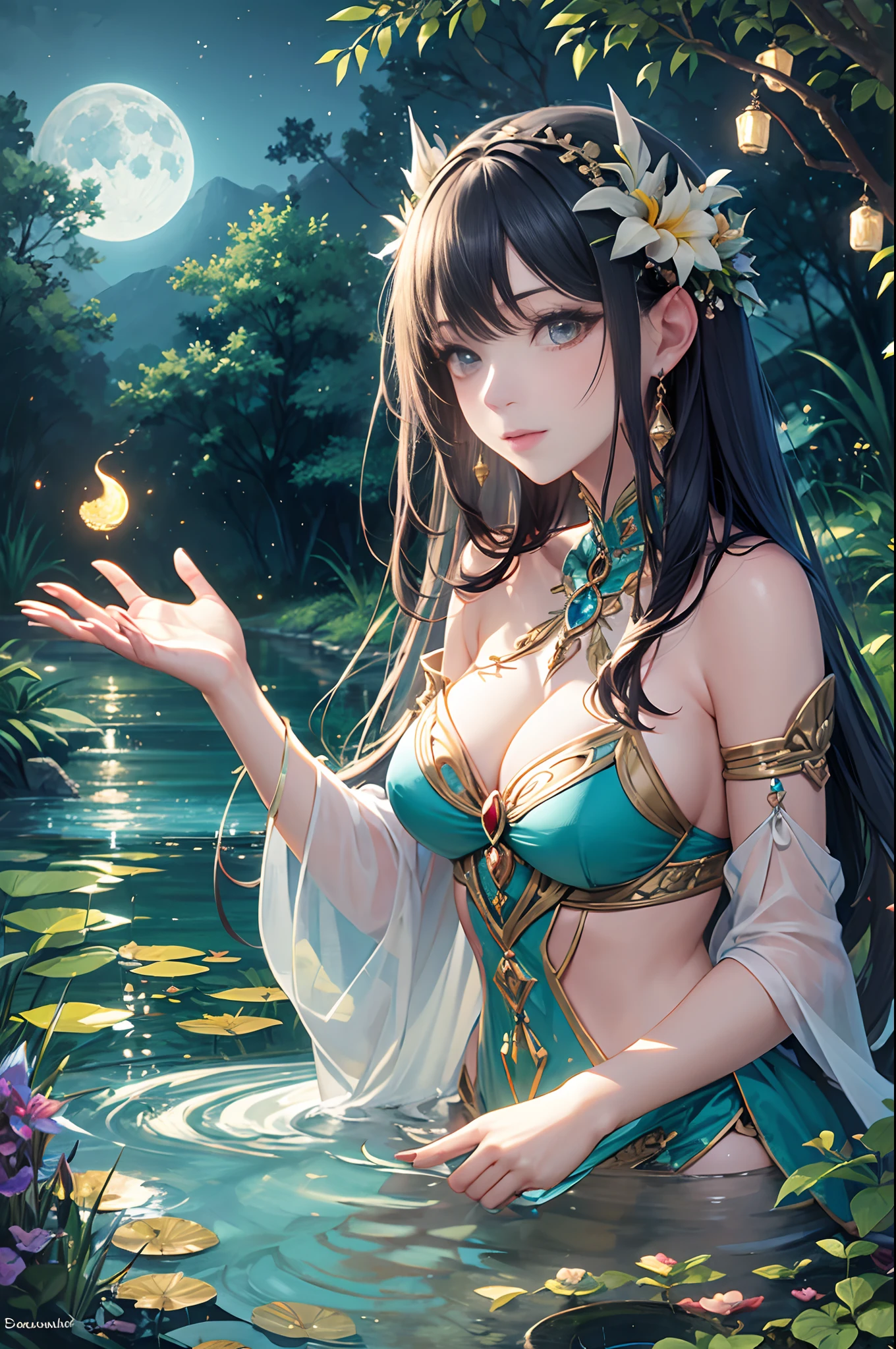 "Moonlit beautyful priestess, tropical oasis, magical pond, nocturnal mysteries, ethereal enchantment"